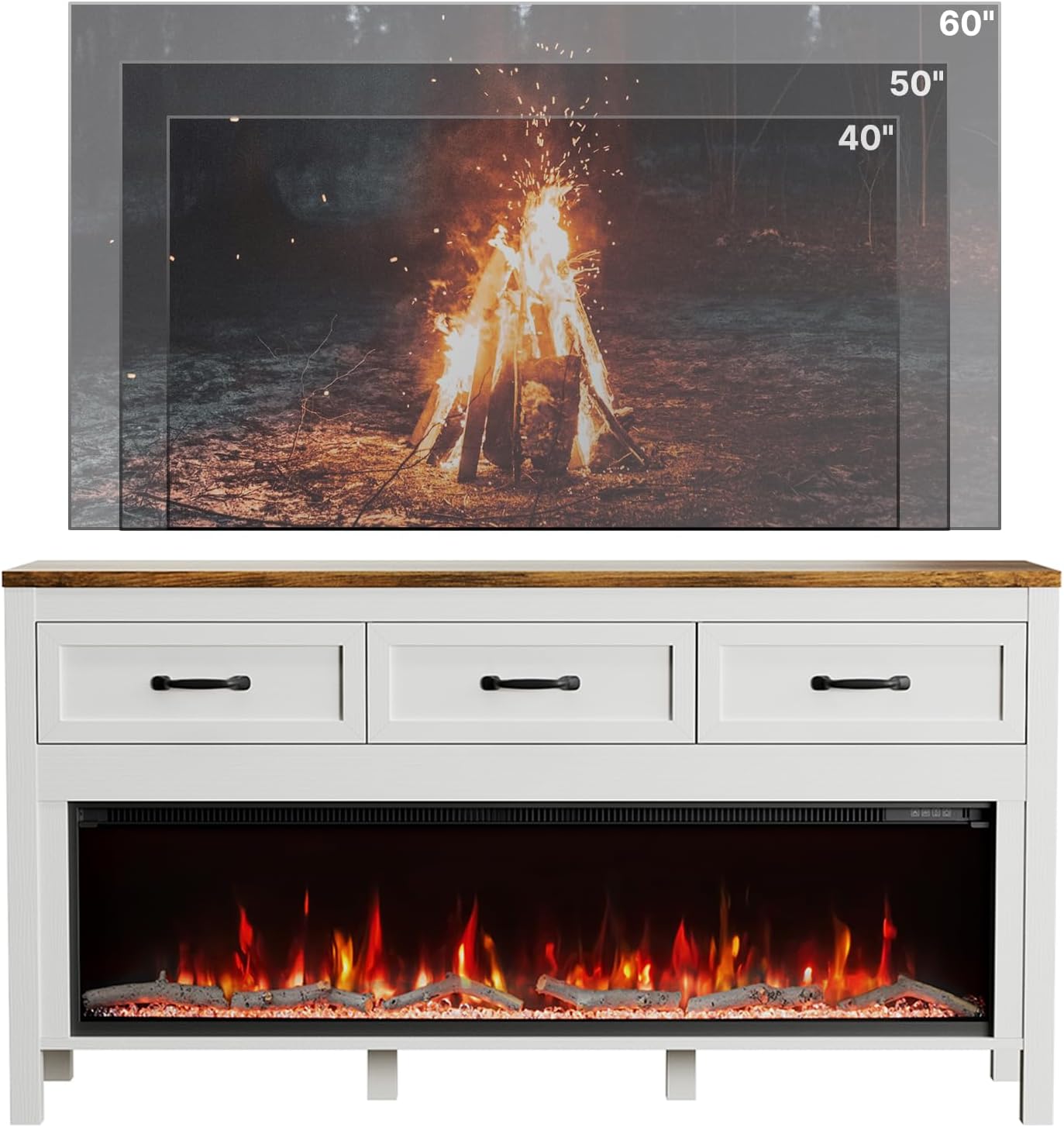 Modern Fireplace TV Stand for Up to 60 Inch TV, Entertainment Center with 50" Electric Fireplace for 55 65 Inch TV, 55" TV Stand with Storage Cabinet Drawer for Living Room (Off White)