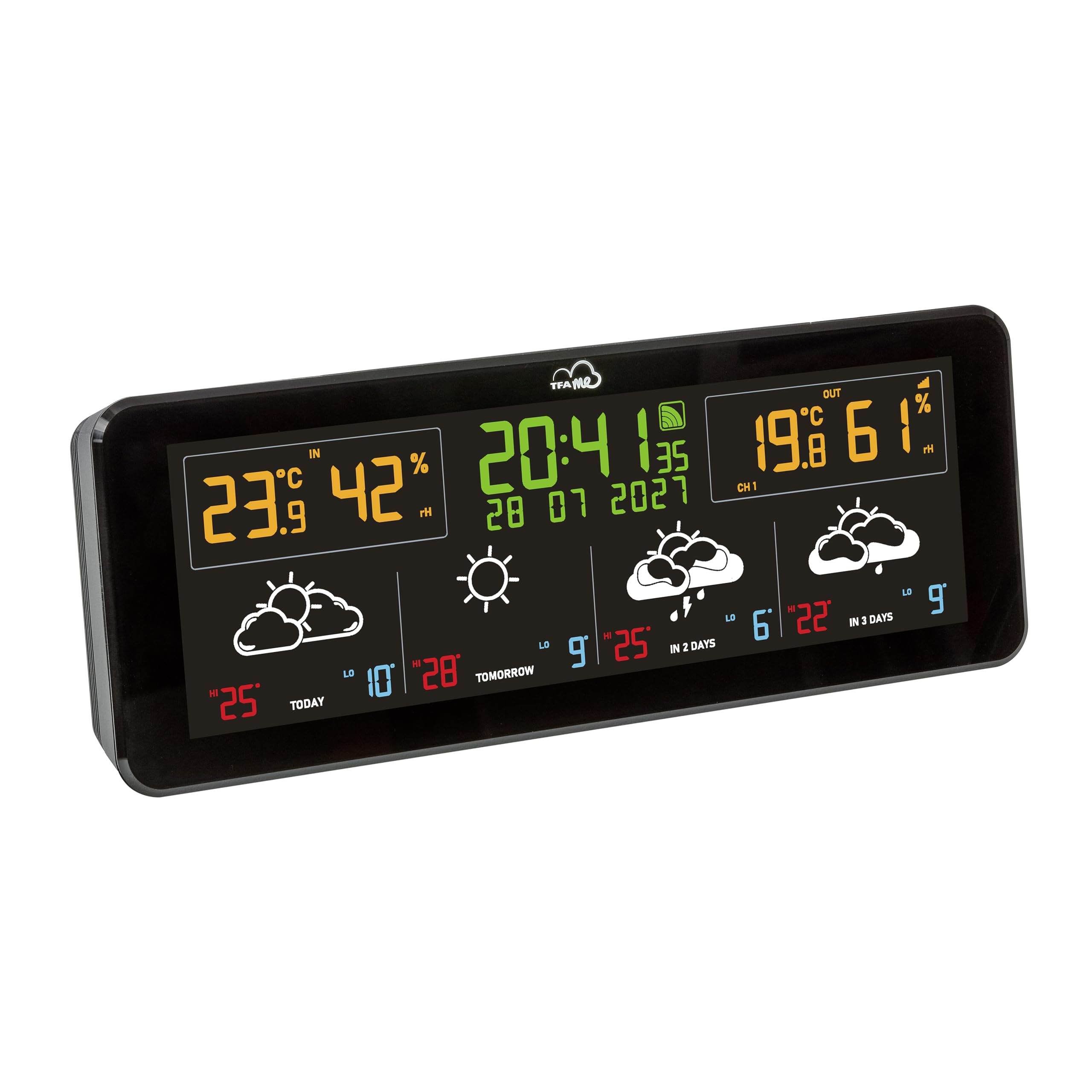 TFA Dostmann Stazione meteo con sensore esterno wireless TFA.me, 35.8107, previsioni meteo professionali da wetter.com per 4 giorni, portale online, ideale per l'ufficio, valori max/min, allarme, nero