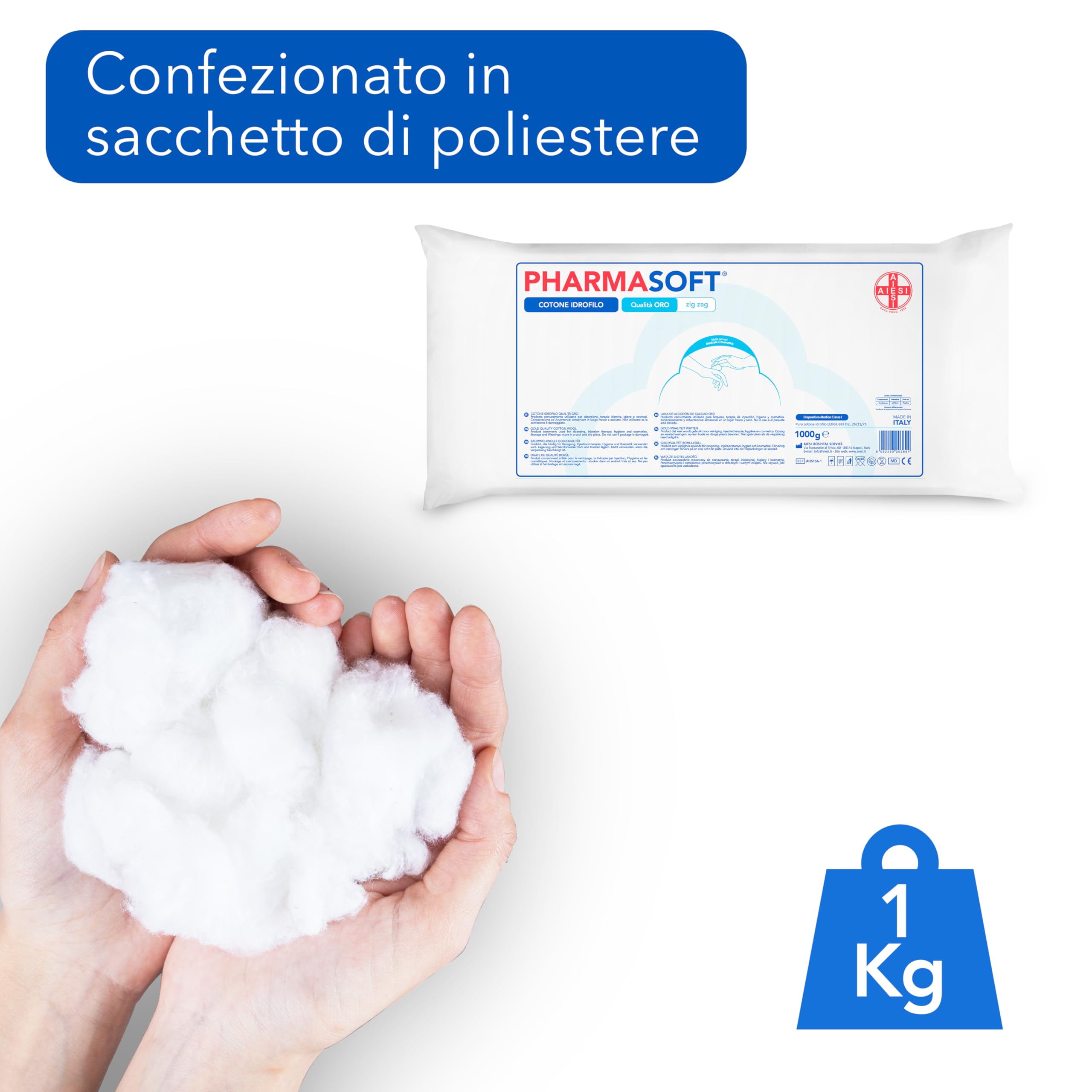 AIESI® Cotone idrofilo (1 kg) qualità oro a zig zag per uso sanitario PHARMASOFT, Made in Italy