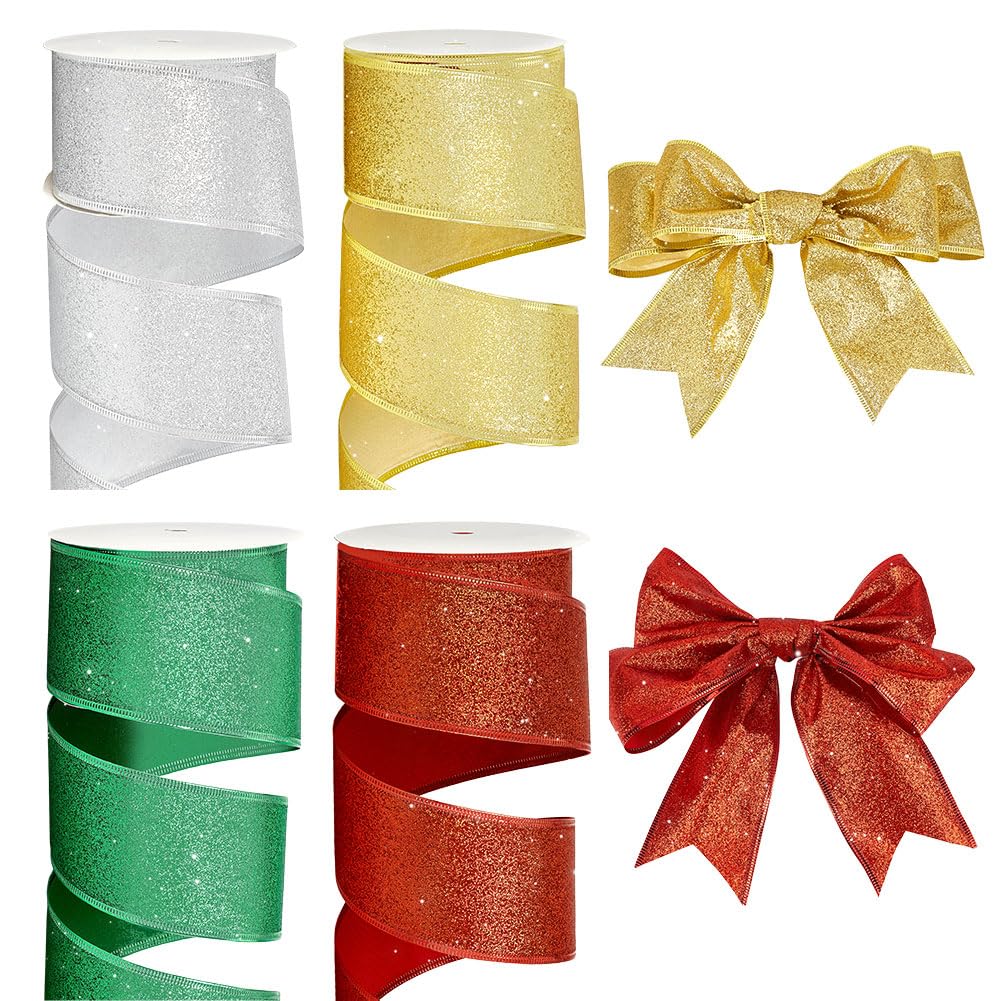 PH PandaHall 36.6m Nastro Natale 4 Colori Nastro con Glitter, 63mm Nastri Argento Oro Verde Rosso per Ghirlande di Natale e Confezione Regali, 9.14m/Colori