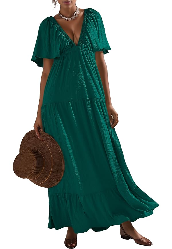 Kikibell Boho Dress for Women Long Flowy Dresses for Women Flowy Maxi Dress with Sleeves Elegant Dresses for Women Dark Green XL by Kikibell - Used condition - Image 4