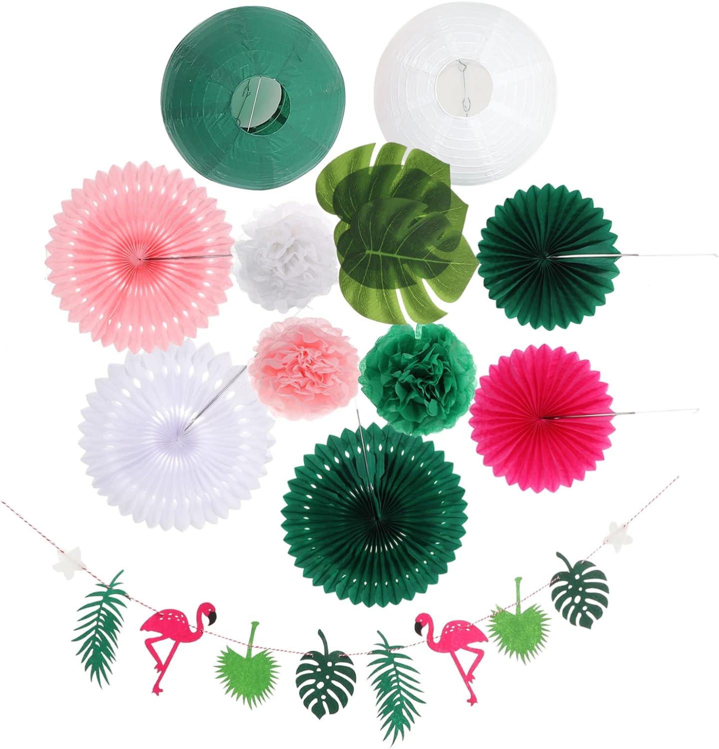 Zerodeko 5 Sets Tropical Hawaiian Party Decorations Set of Banners Flags Paper Fans for Luau Beach BBQ Celebration