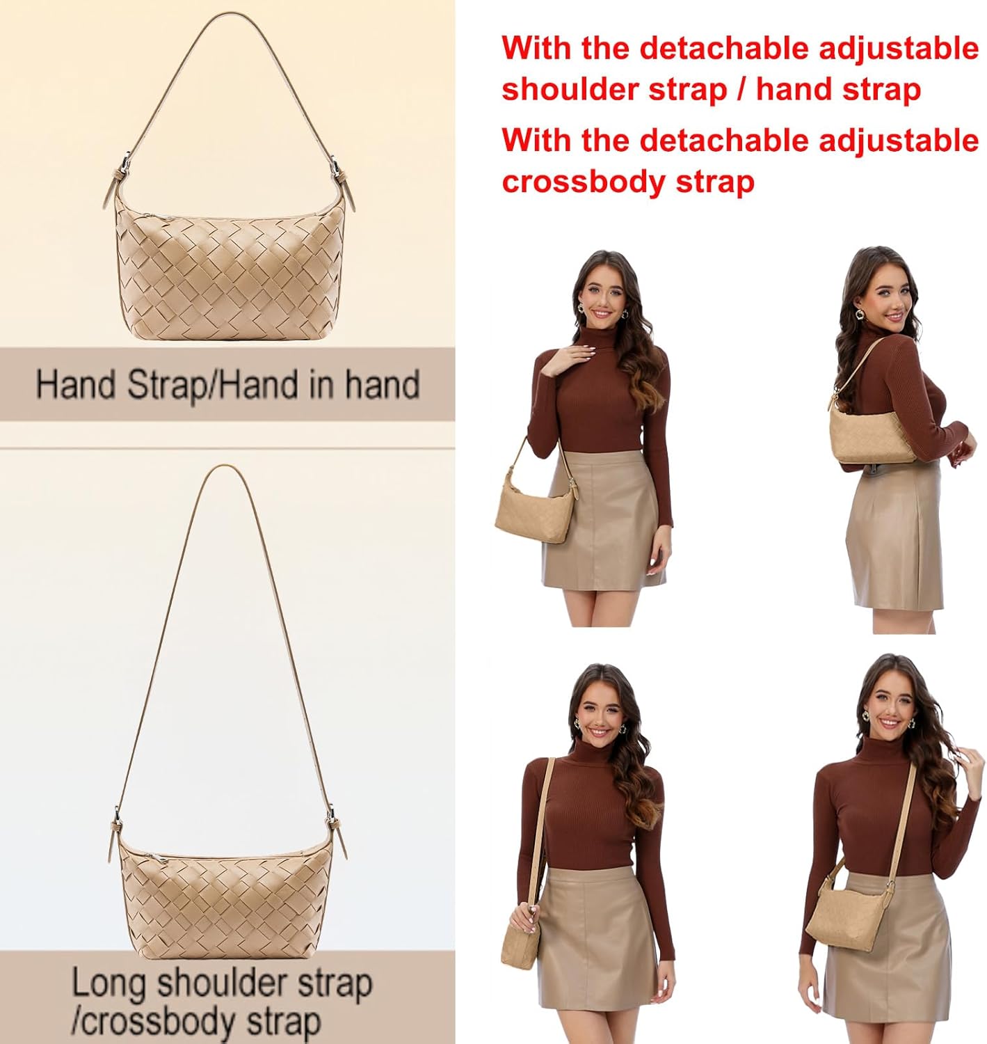 YONGLEE ARTEE Woven Vegan Leather Hobo Shoulder Bag, Small Crossbody Purse Tote for Women - Image 3