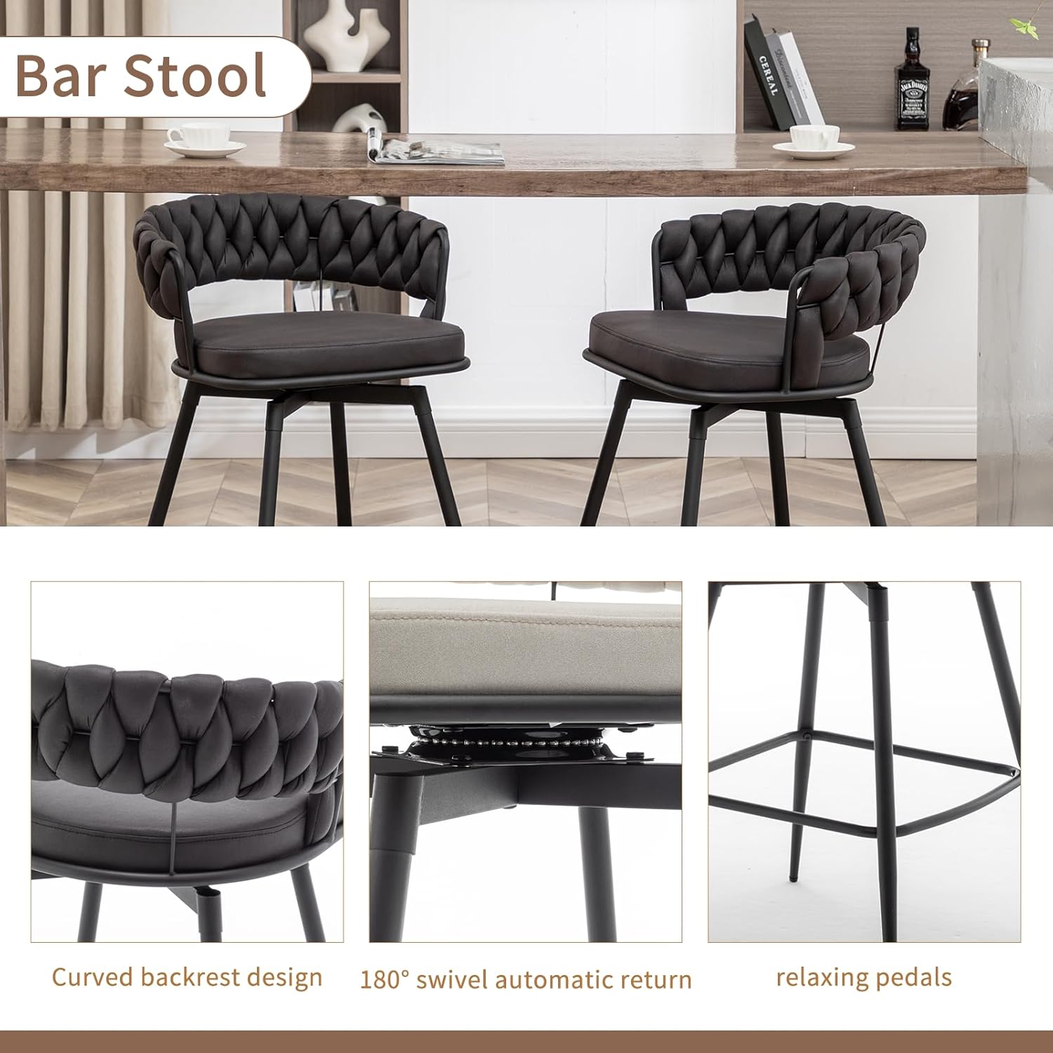 Counter Height Bar Stools Set of 4, Swivel Barstools with Curved Back, Black Leather Counter Stools for Kitchen Island, Dining Room, Cafe, Pub