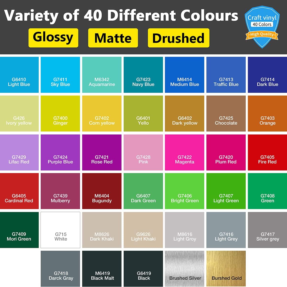 CASPALIF,50 Pack Permanent Adhesive Backed Vinyl Sheets,12”x 12”,40 Assorted Colors(Glossy,Matte,Brushed),Works with Cricut and Other Cutters,for Sticker,Craft Cutter, Car Decal, Vinyl Paper