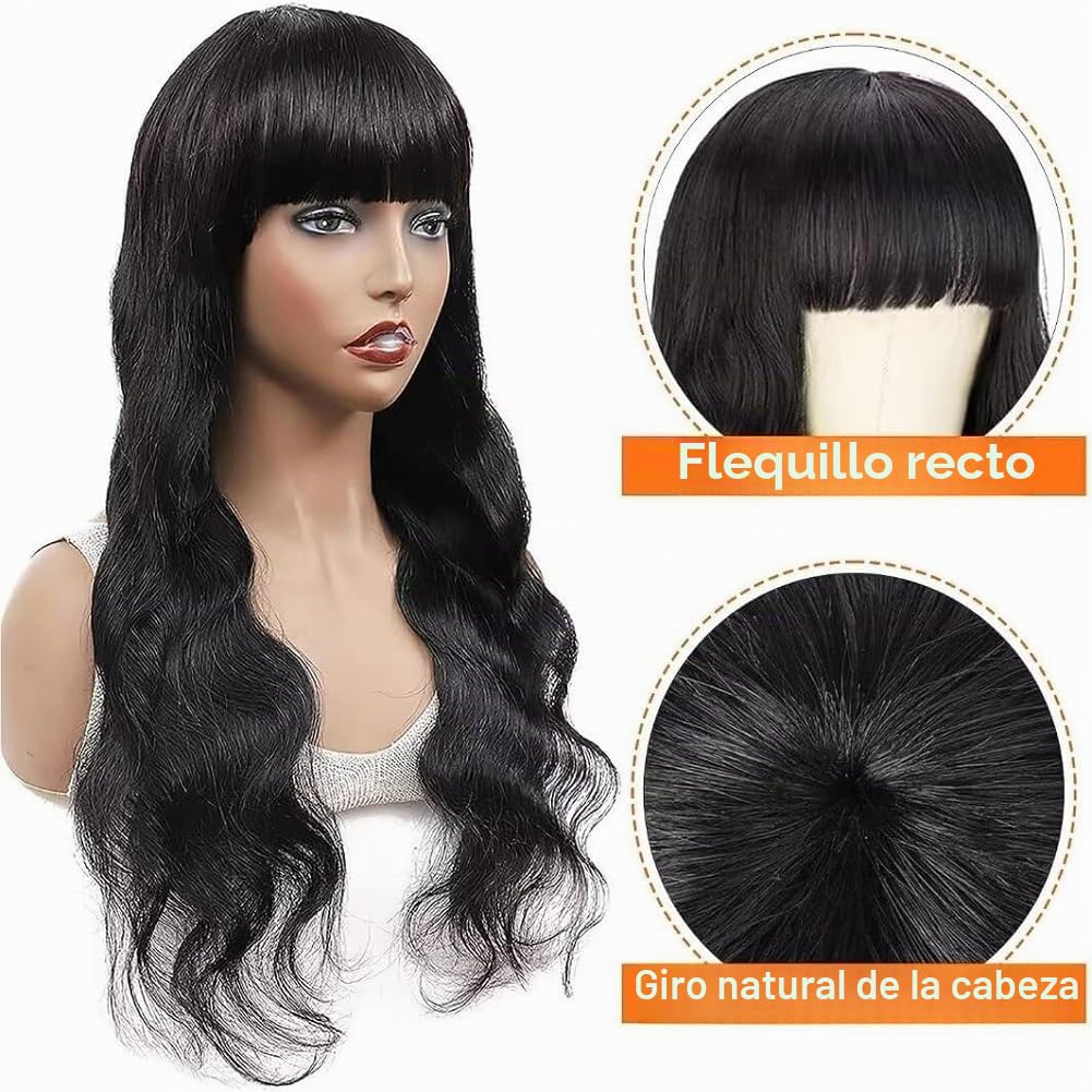 Pelucas Mujer Pelo Natural Humano 20 Pulgadas(50cm) Peluca Body Wave de Cabello Humano con Flequillo Frontal sin Encaje y sin Pegamento Densidad 180% Negro Natural para Mujer