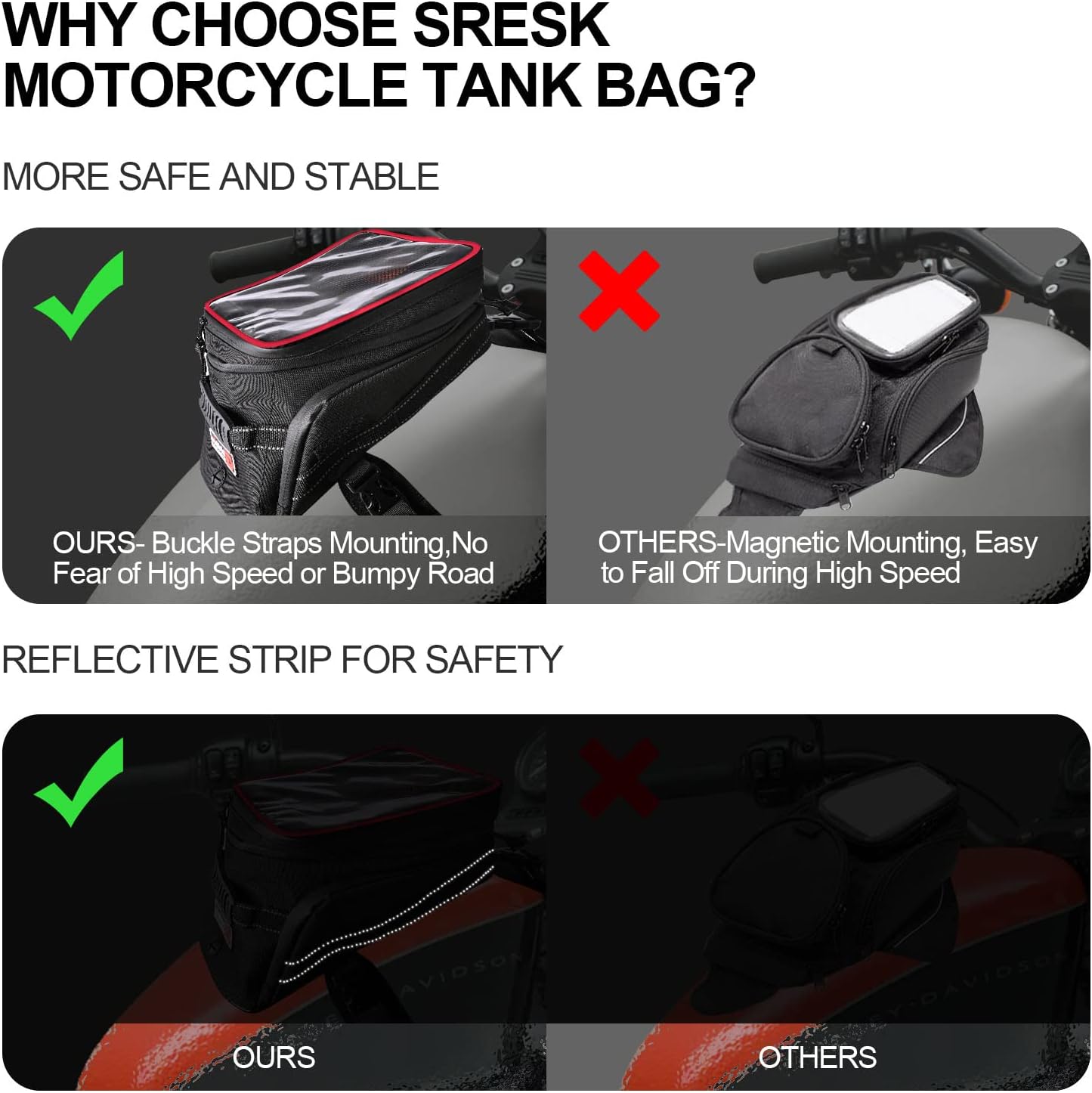 Motorcycle Tank Bag w/Strap Storage Bag Compatible with Honda Yamaha Suzuki Kawasaki Harley Water Resistant (Red Piping)