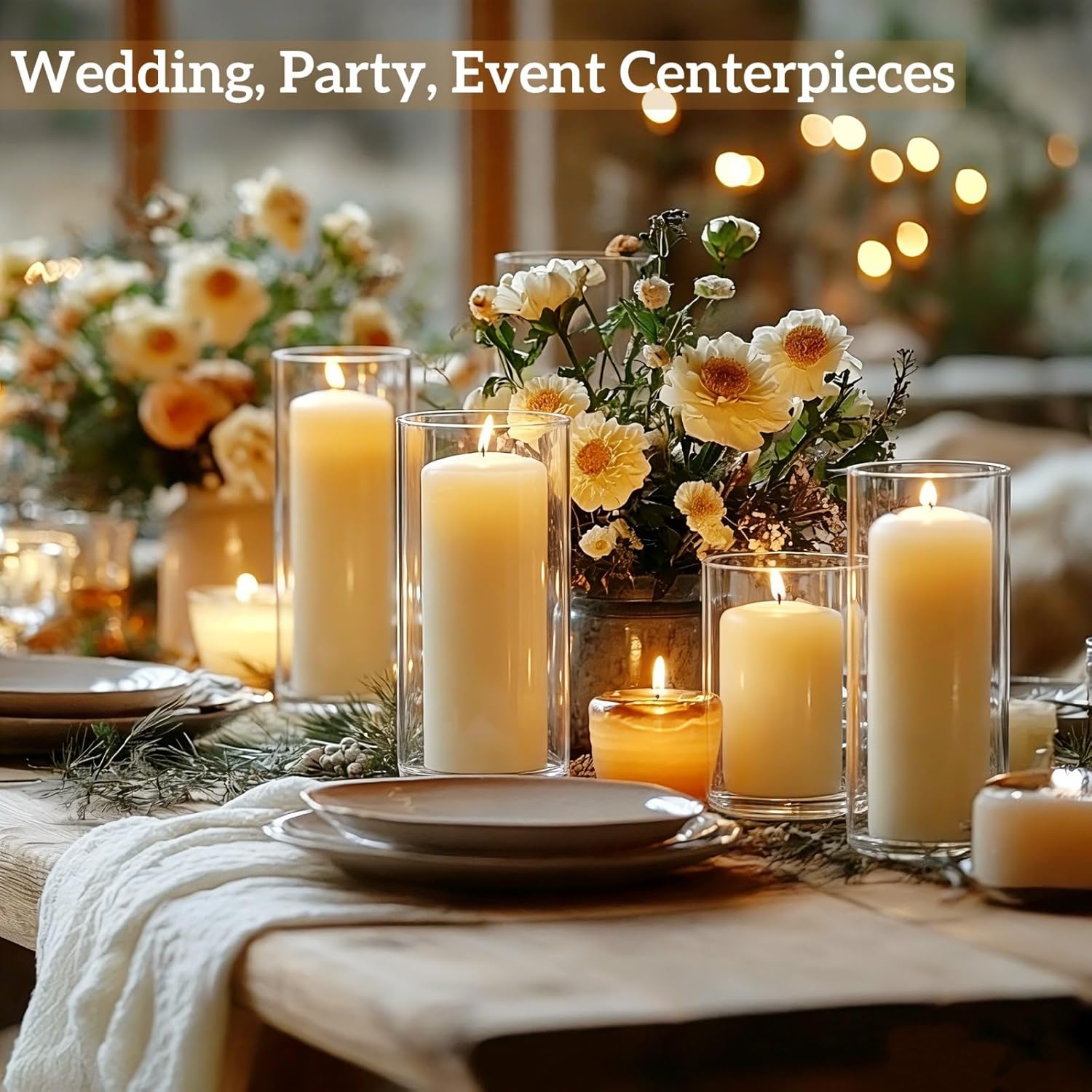 24 PCS White Pillar Candles with Glass Candle Holders Clear Hurricane Candle Holders Glass Cylinder Vases for Centerpieces Wedding Party, Event, Home Decor