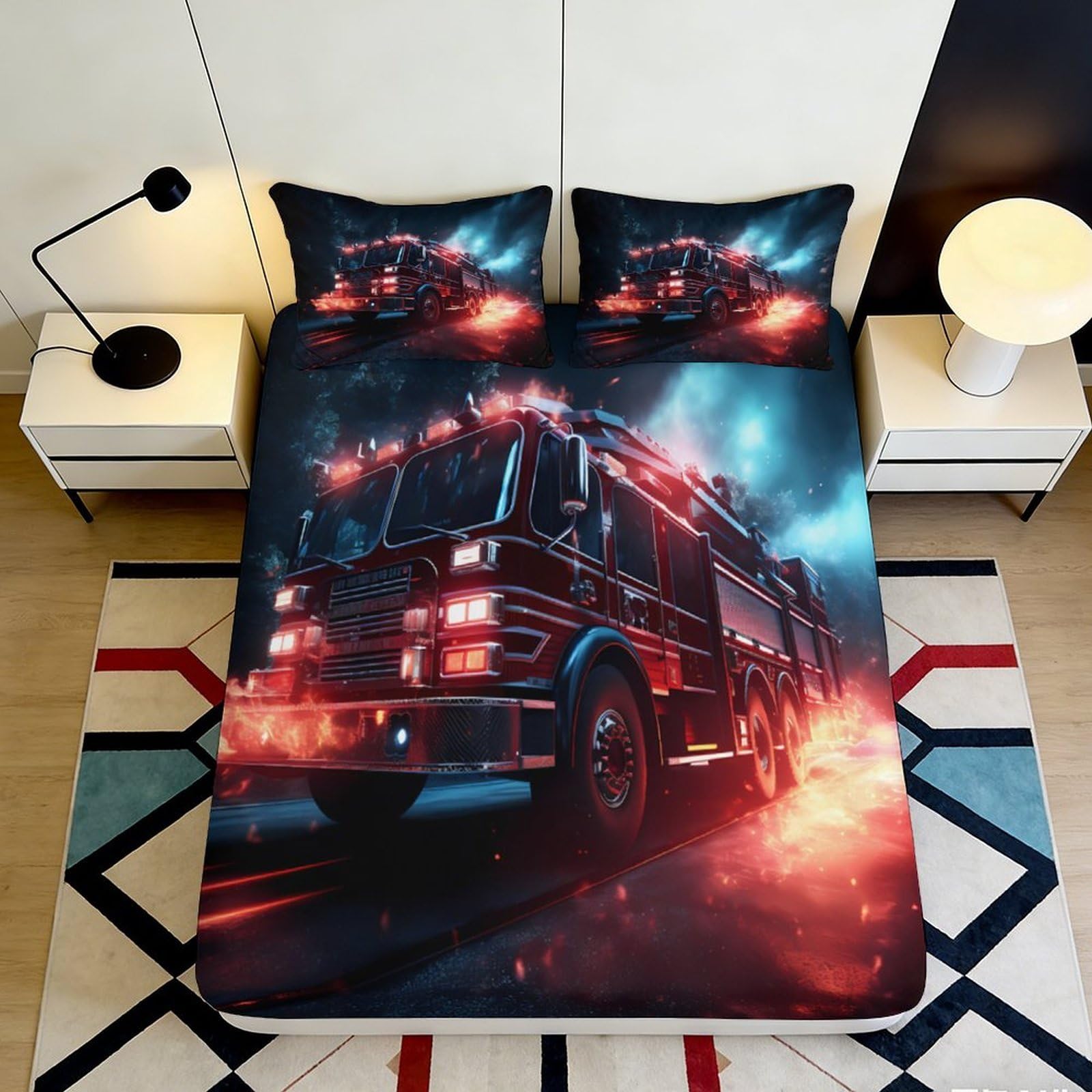 3D Printed Fire Truck Fitted Sheet Microfiber Bedroom Decor Mattress Cover Red Flame Pattern for Home Dorm Guest Room 160x200x25cm