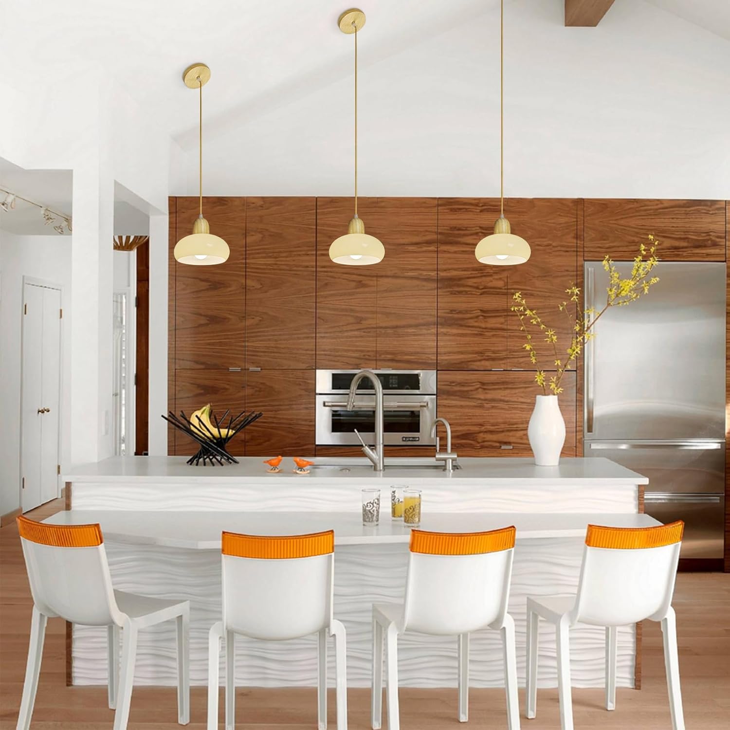 Glass Dome Pendant Light Cream Glass Hanging Ceiling Lamp Kitchen Island Pendant Lighting, Modern Wood Suspended Lights for Dining Table Bedroom Living Room Restaurant 7.87″ Pendant Lamps