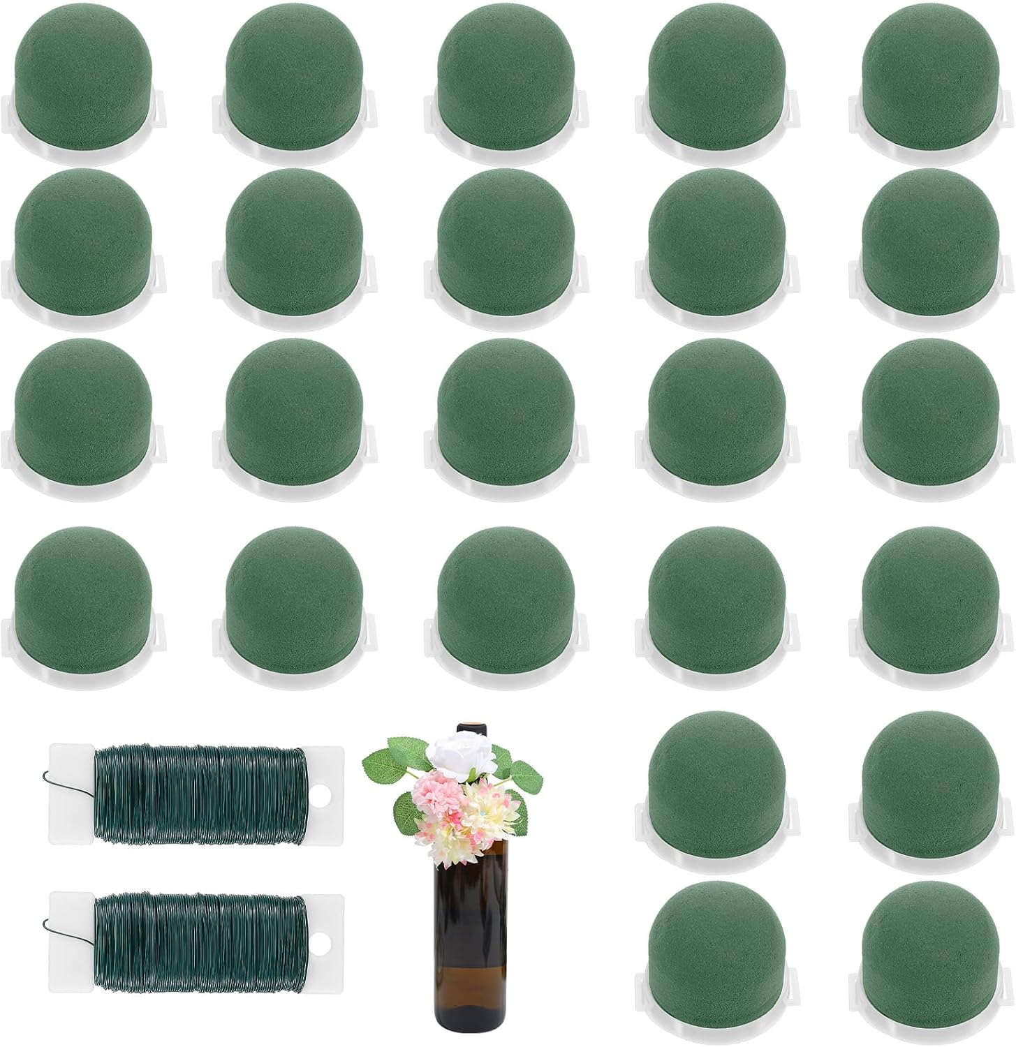 YBEATY 24PCS Mini Floral Foam Holder Round Florist Plant Form Blocks with 2 Rolls Green Floral Wire Wet Dry Artificial Fresh Flower Arrangement Supplies for Table Wedding Party Garden Wine Bottle Deco
