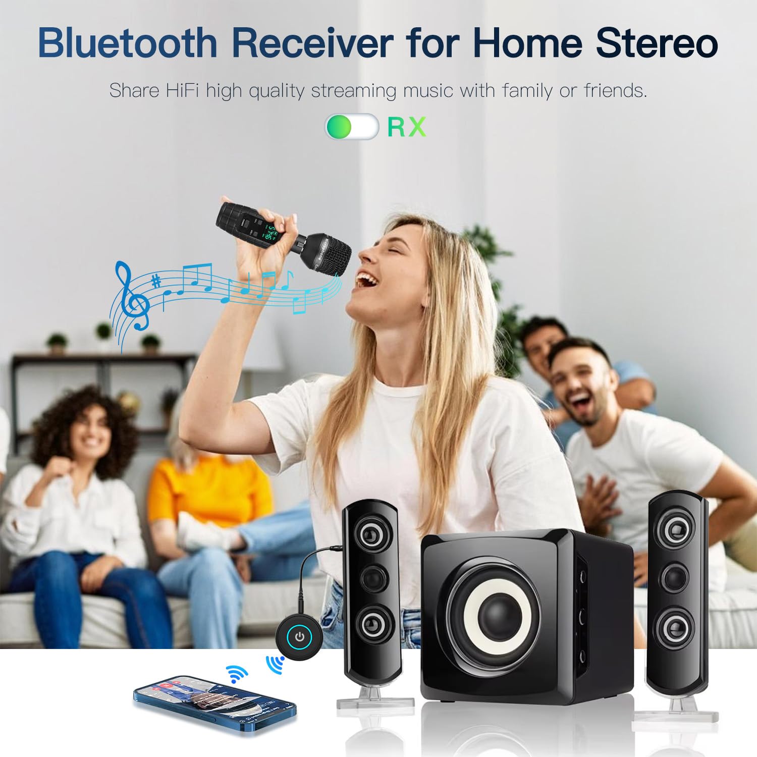 BANIGIPA Ricevitore trasmettitore Bluetooth 5.3, ricevitore trasmettitore wireless 2 in 1 per TV/aereo/stereo domestico/altoparlanti/cuffie/auto, adattatore audio con jack AUX/RCA da 3,5 mm, Dual Link