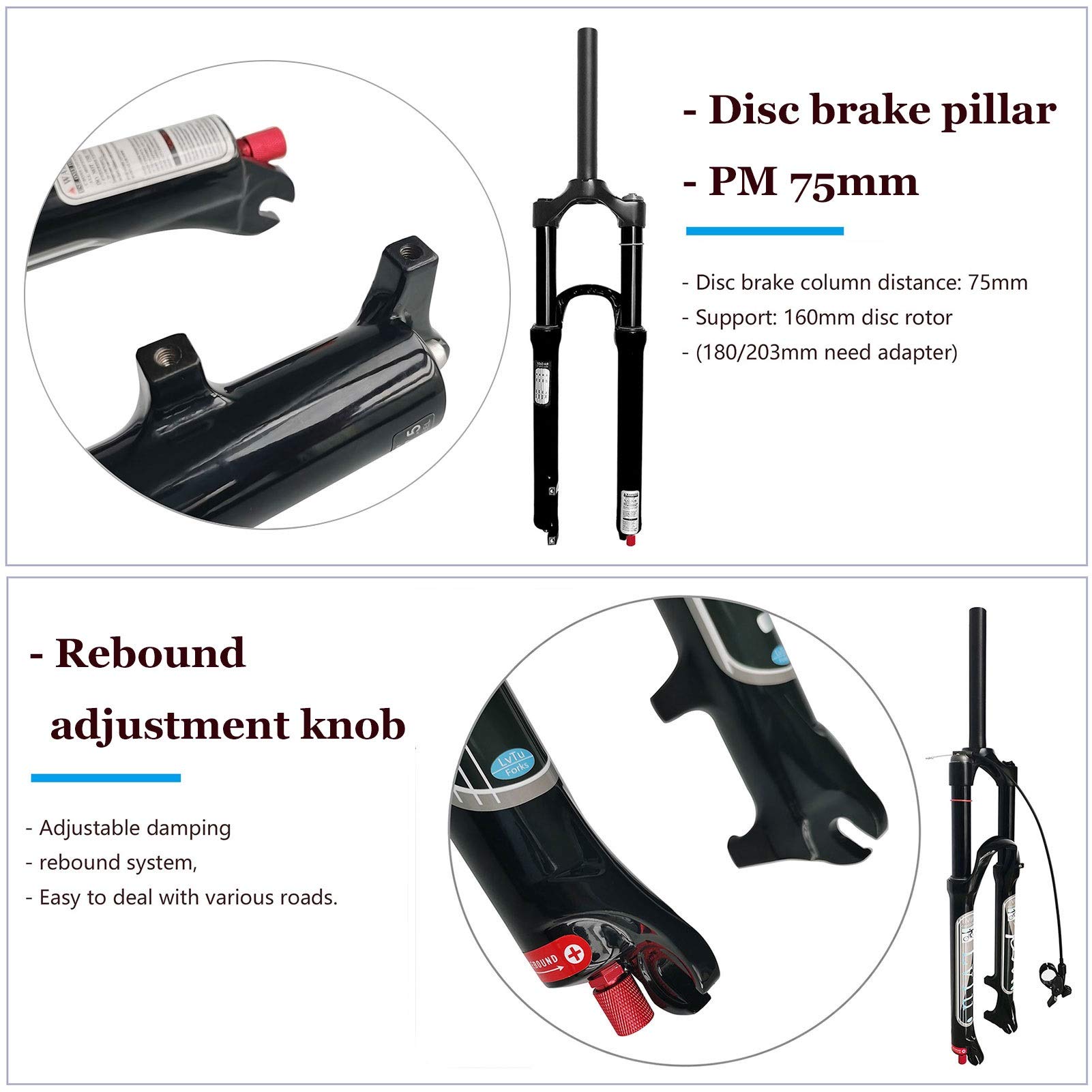 Mountainbike Federgabel MTB Luft – 26/27,5/29 Zoll, 160 Mm Federweg, Rebound Verstellbar, 9 Mm QR, Schwarz