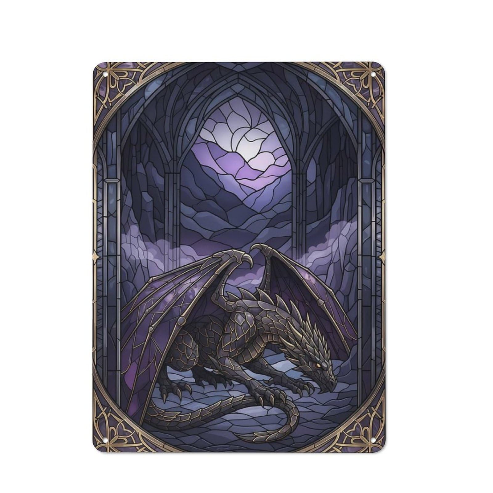 Junmoney Style-10 Stained Glass Dragon In Gothic Archway Retro Tin Wall Plaque 40X30cm For Home Office Or Studio, For Cooler-Month Interiors With Retro Character