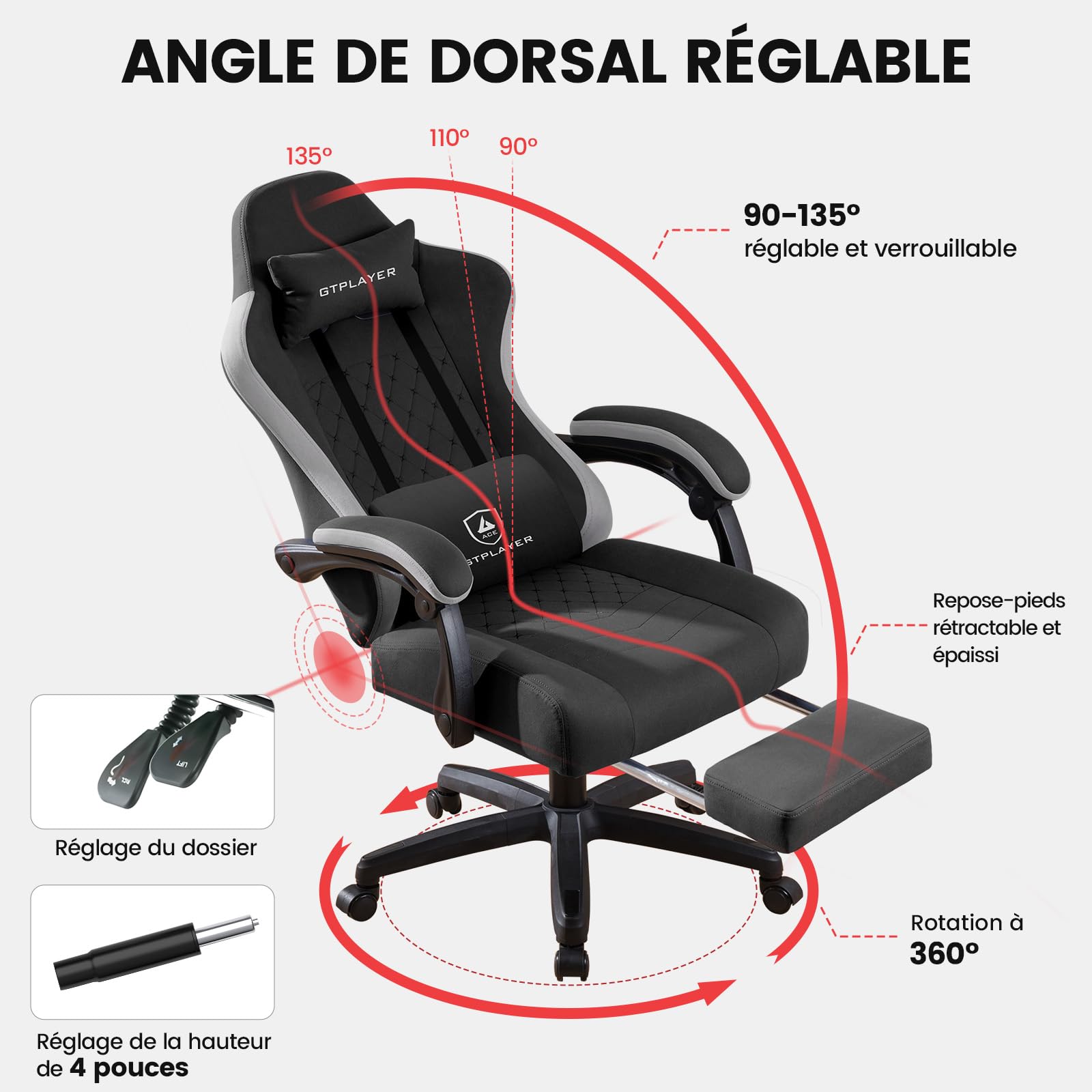 GTPLAYER Chaise Gaming Bureau Ergonomique Fauteuil Gaming Leathaire, accoudoir inclinable, avec Repose-Pieds, Supporte 150 kg, Noir-Blanc