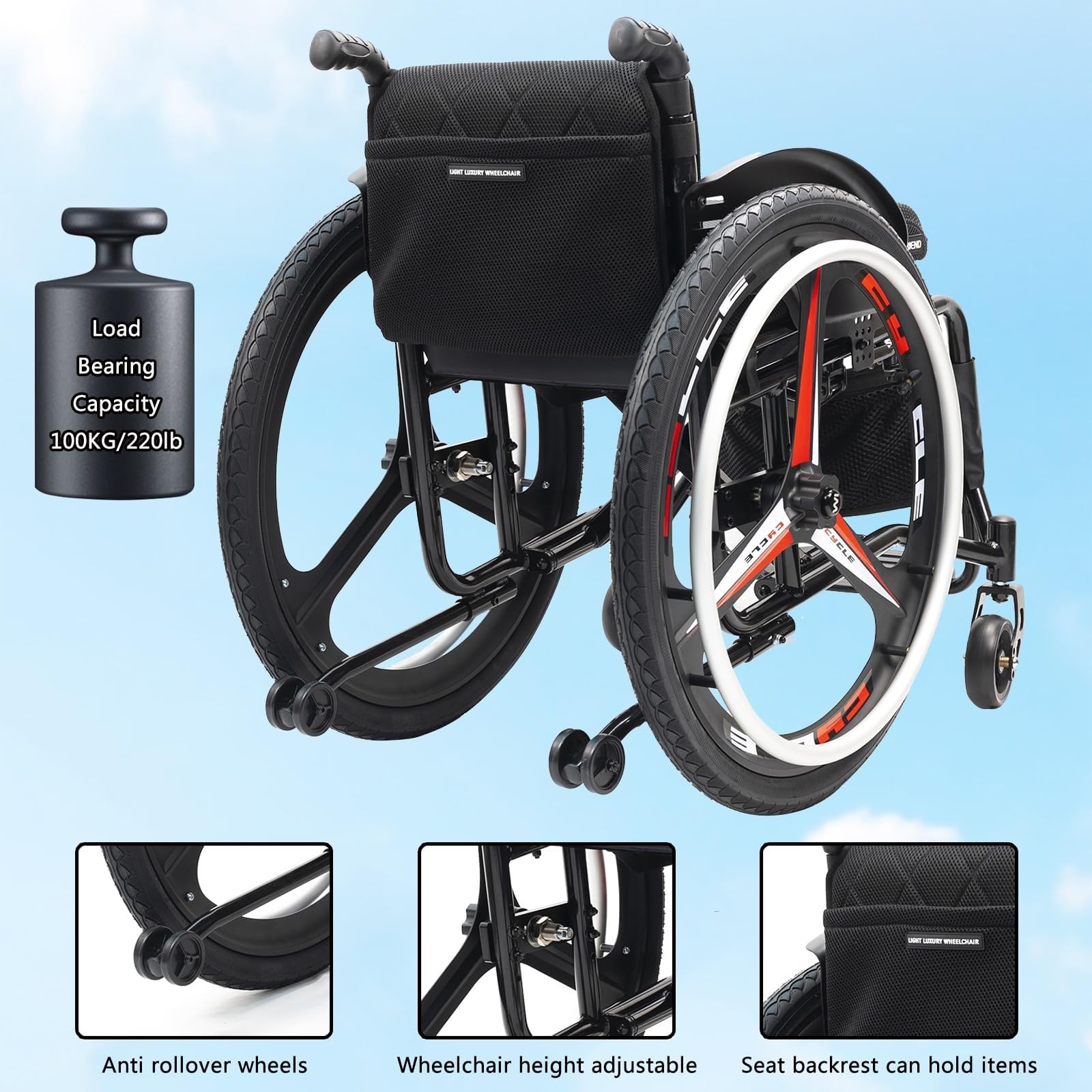 Sedia A Rotelle Sportiva Pieghevole Ultraleggera, Sedia A Rotelle Pieghevole For Trasporto Fuoristrada, Telaio In Alluminio, Ruote Antiribaltamento(14.9in/38cm)