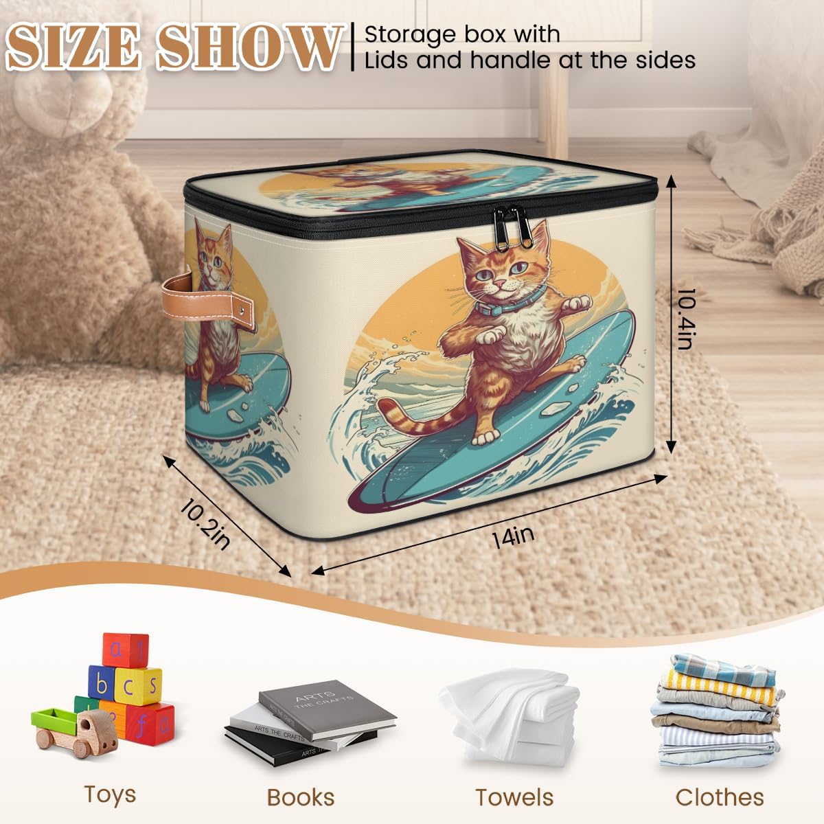 Storage Bin Set of 2 Water Ski Cat Storage Basket with Zipper Lid & Handle Foldable Closet Shelf 2 Pack Cloth Organizer Basket Cube Bins Clothes Organizer for Bedroom, Nursery