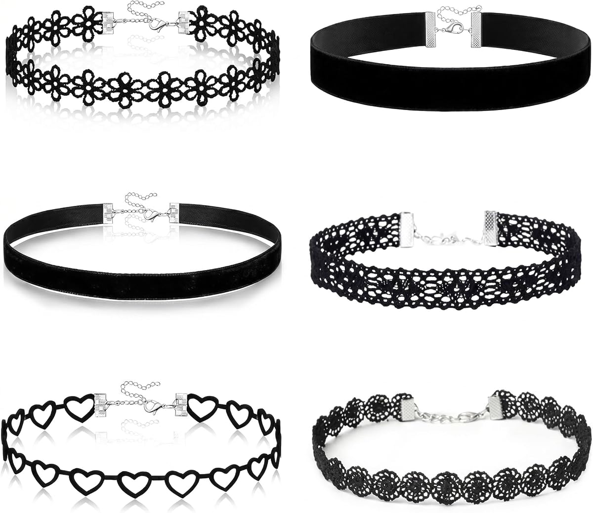 6Pcs Black Lace Choker Necklace Set for Women Gothic Velvet Heart Flower Hollow Chokers Collar Necklace