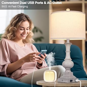26 Farmhouse Lamp with 2 USB Ports & AC Outlet, Vintage Rustic Touch Control Bedside Lamp, Resin 3-Way Dimmable Nightstand Lamp Fabric Shade for Living Room Bedroom Decor Gray(LED Bulb Included)