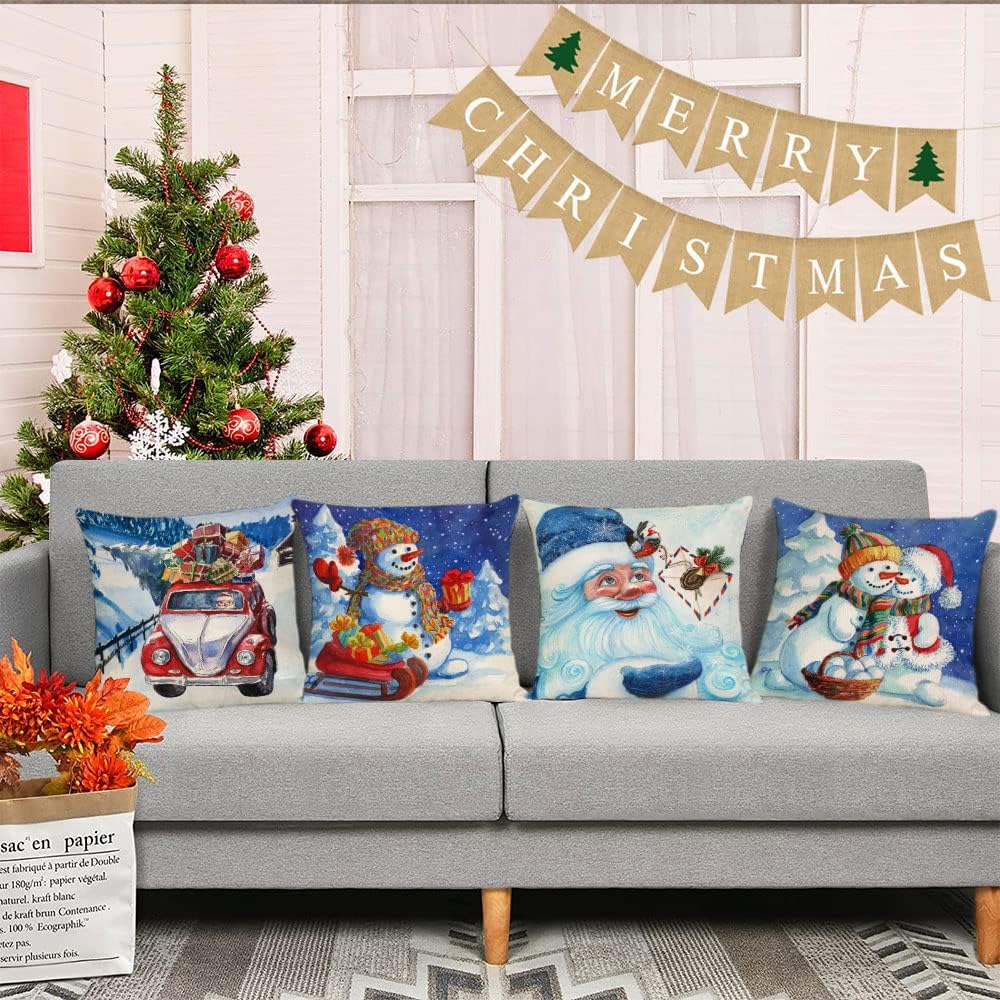 Christmas Pillow Covers 16x16 Set of 4 Xmas Throw Pillows Christmas Snowman Santa Pillow Cases Winter Holiday Pillow Covers Home Outdoor Sofa Couch Cushion Covers for Christmas (16 by 16)
