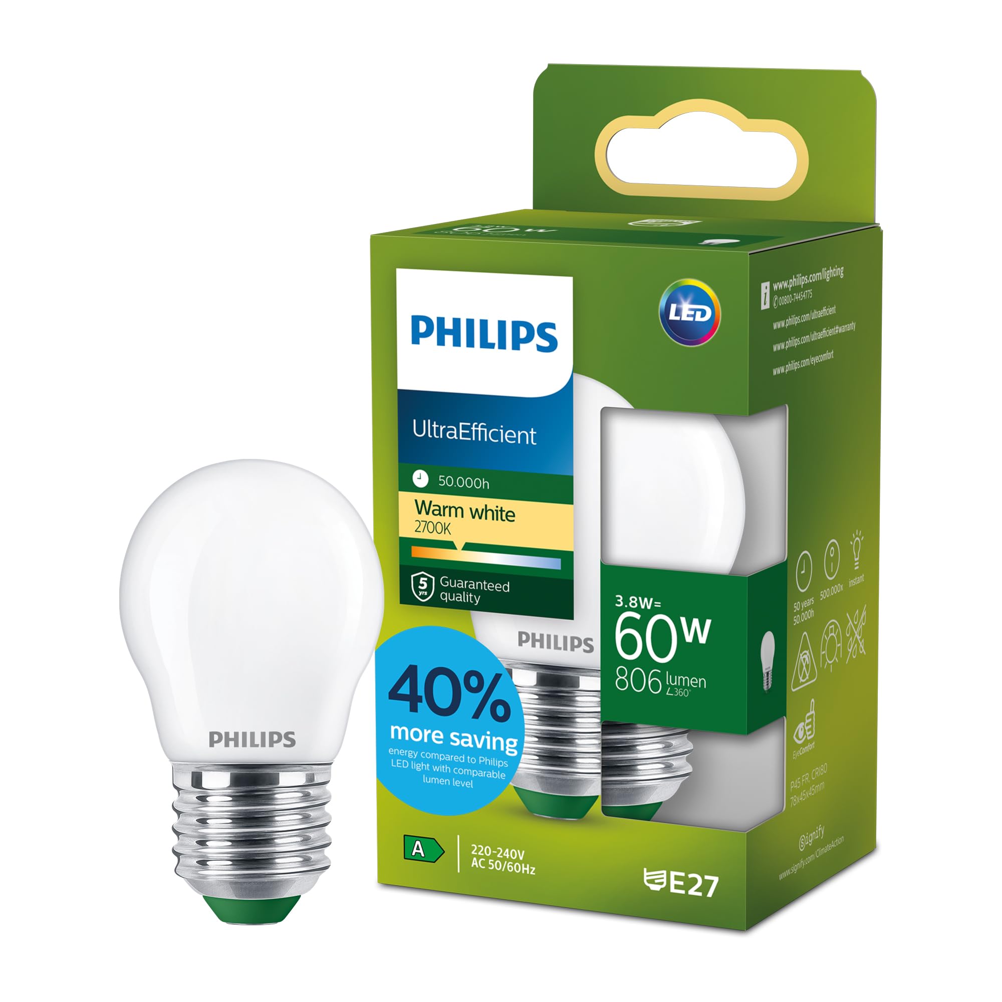 Philips White Led Ultraefficient Frosted P45 Bulb, E27 Edison Screw, Energy Class A, 806 Lm, 60W Equivalent, Warm (2700K), Eyecomfort, 50,000 Hours, 1 Pack