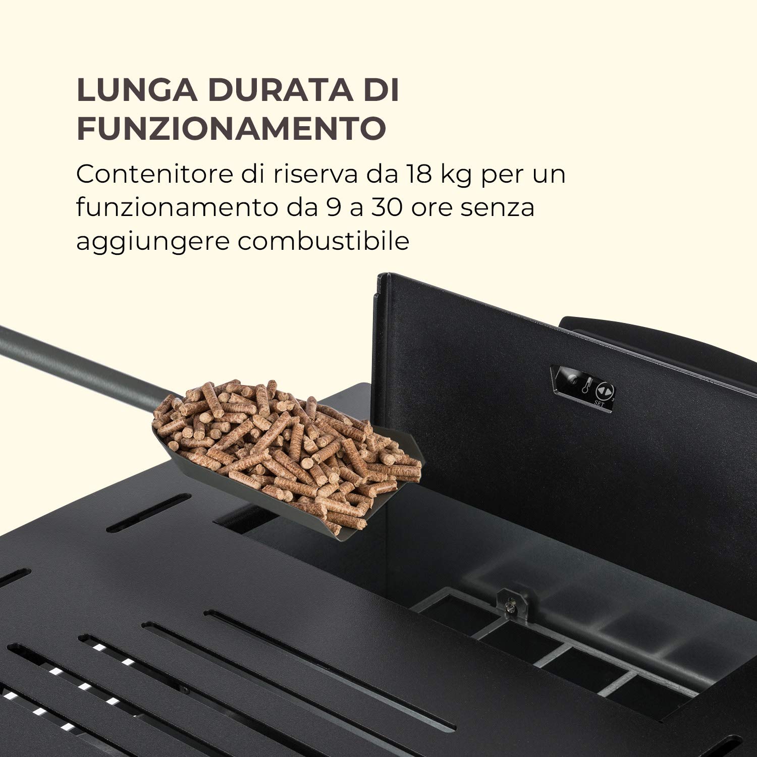 Waldbeck Energiewende - Stufa a Pellet, 5/10 kW, 5 Livelli di Potenza/5 Velocità, Timer, Capacità: 18kg, Consumo: 0,6-2,0 kg/h, per 60-250 m³, Stufe a Pelet, Pannello di Controllo con Display, Nero