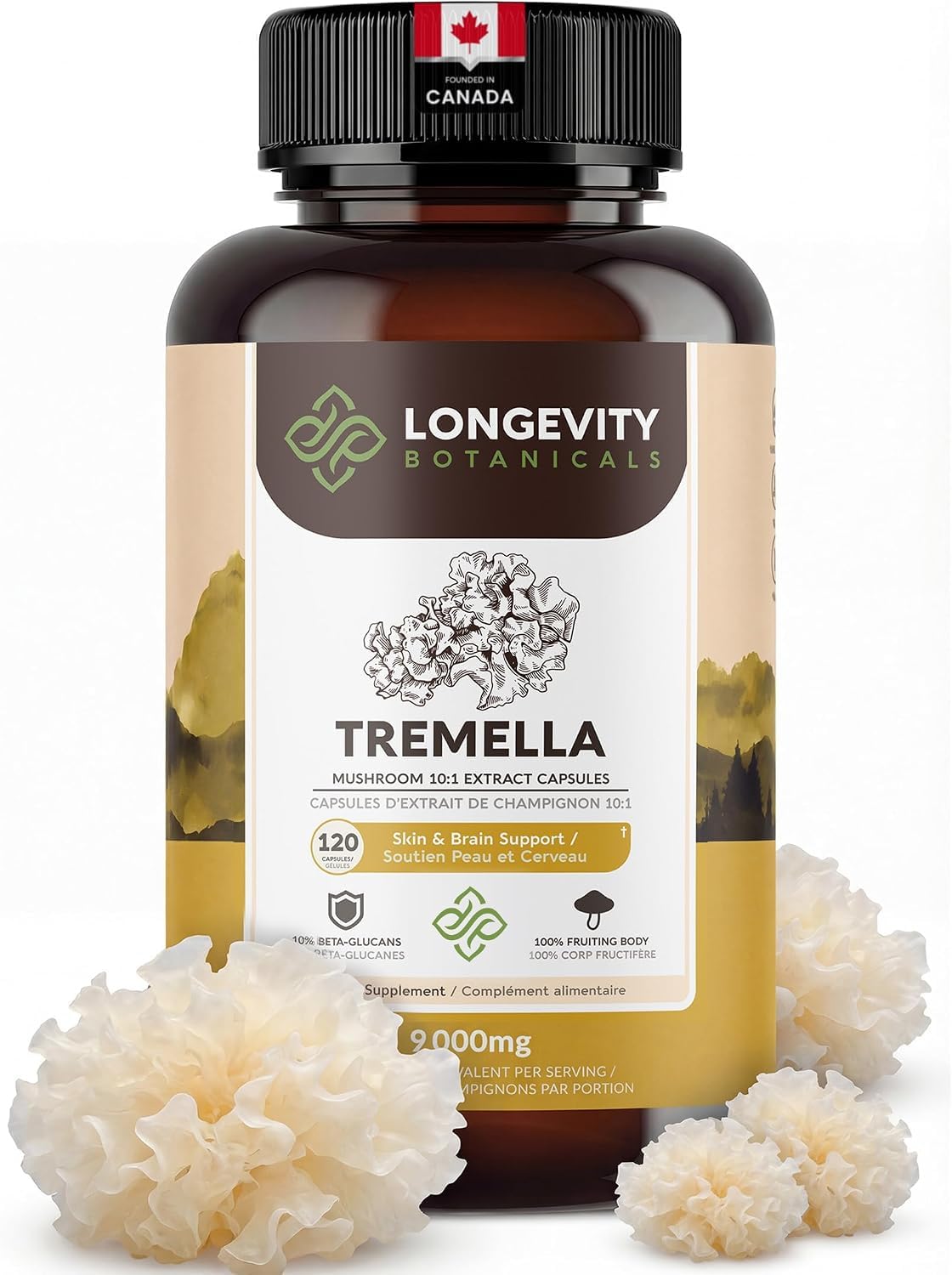 Longevity Botanicals Suplemento de Cogumelo Tremella em Cápsulas, Extrato do Corpo de Frutificação, 900 mg, 120 cápsulas