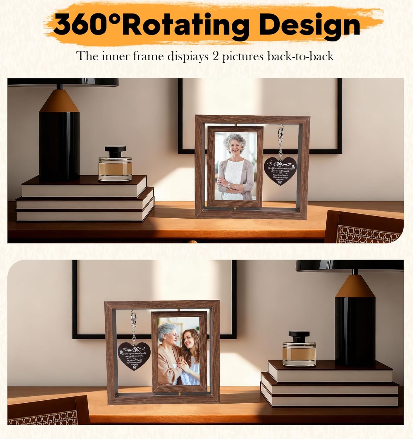 Memorial Gifts for Loss of Mom, Memorial Picture Frame, Rotating Memory Frame with 2 Heart Pendants, Wooden Bereavement Sympathy Gifts for Loss of Mother, Fits 4x6 Inch Photo - Image 3