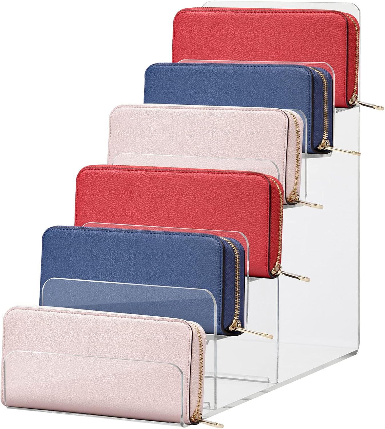 Cabilock 6-Tier Acrylic Wallet Display Stand, Clear Purse Organizer | Stepped Six-Tier Layout, Clear Acrylic Construction, for Wallets Clutches and Retail Display