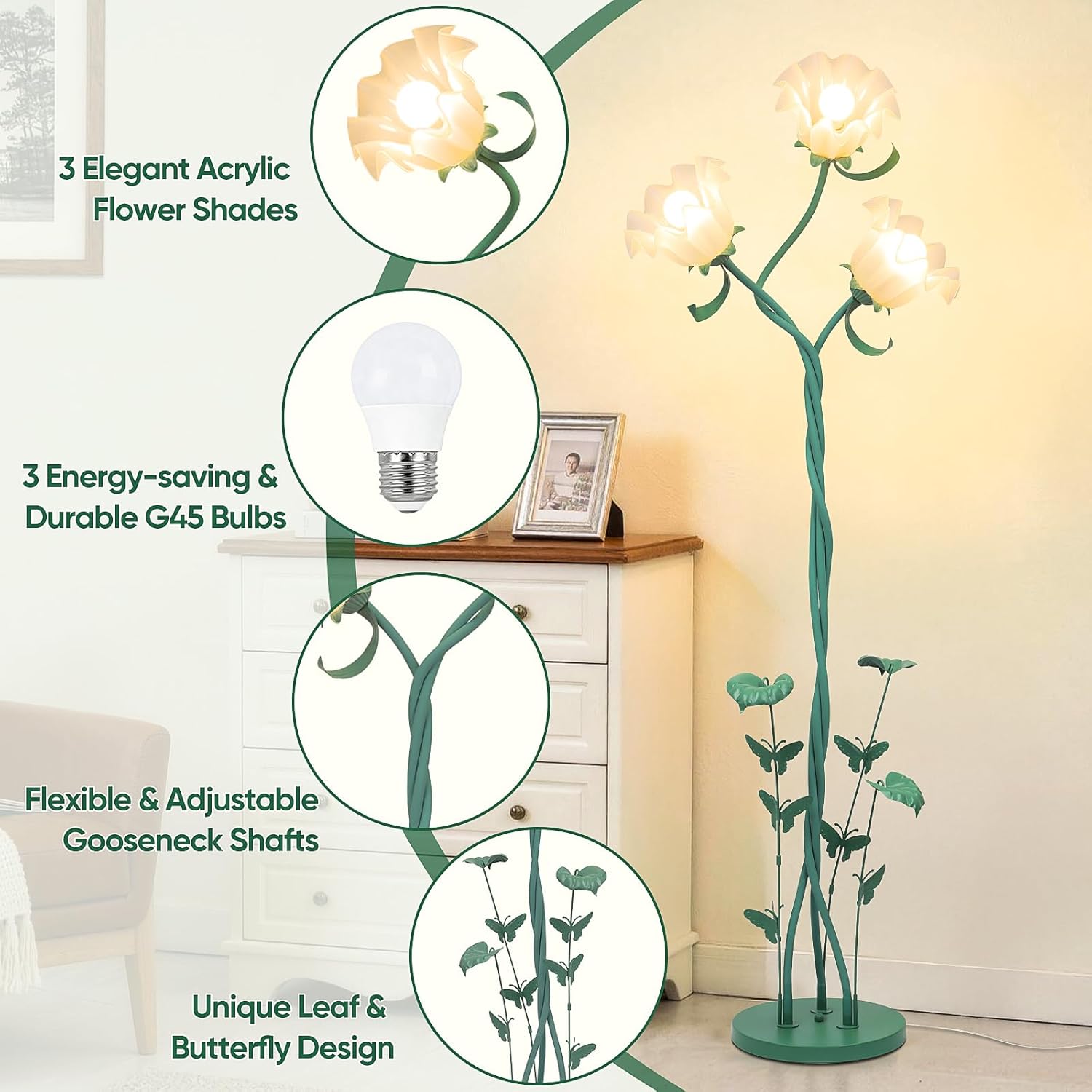 TOBUSA Flower Floor Lamp for Living Room Bedroom, 3-Light Cute Vintage Standing Lamp with Flexible Gooseneck, 67’’ Tall Green Floral Stand Up Lamp, Modern Unique Flower Corner Lamp for Reading Nursery