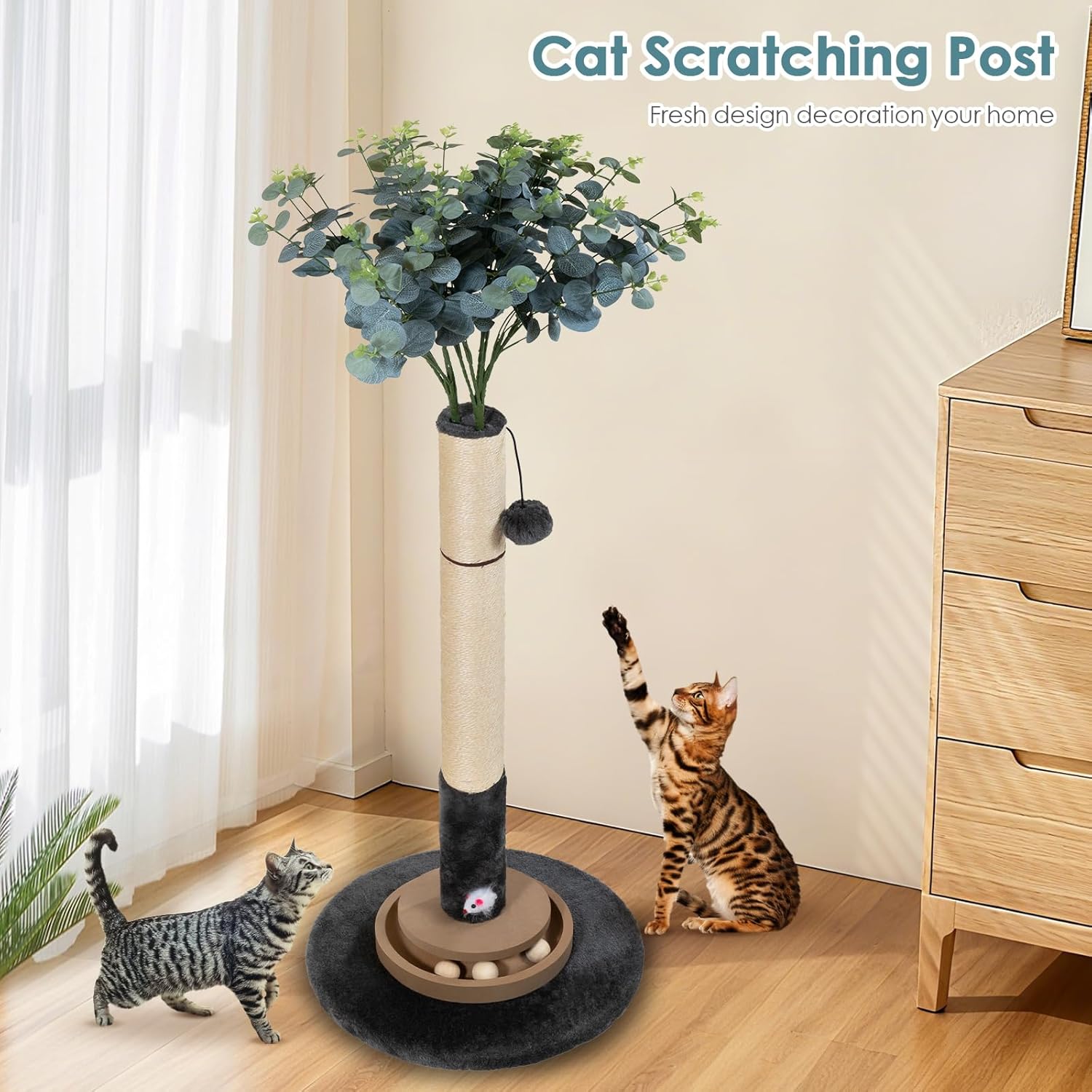 Cat Scratching Post, 35 Inch Tall Cat Scratcher Cat Tree Tower with Hanging Ball for Indoor Cats Adults,Eucalyptus Sisal Rope Kitten Scratch with Interactive Mouse Cat Toy