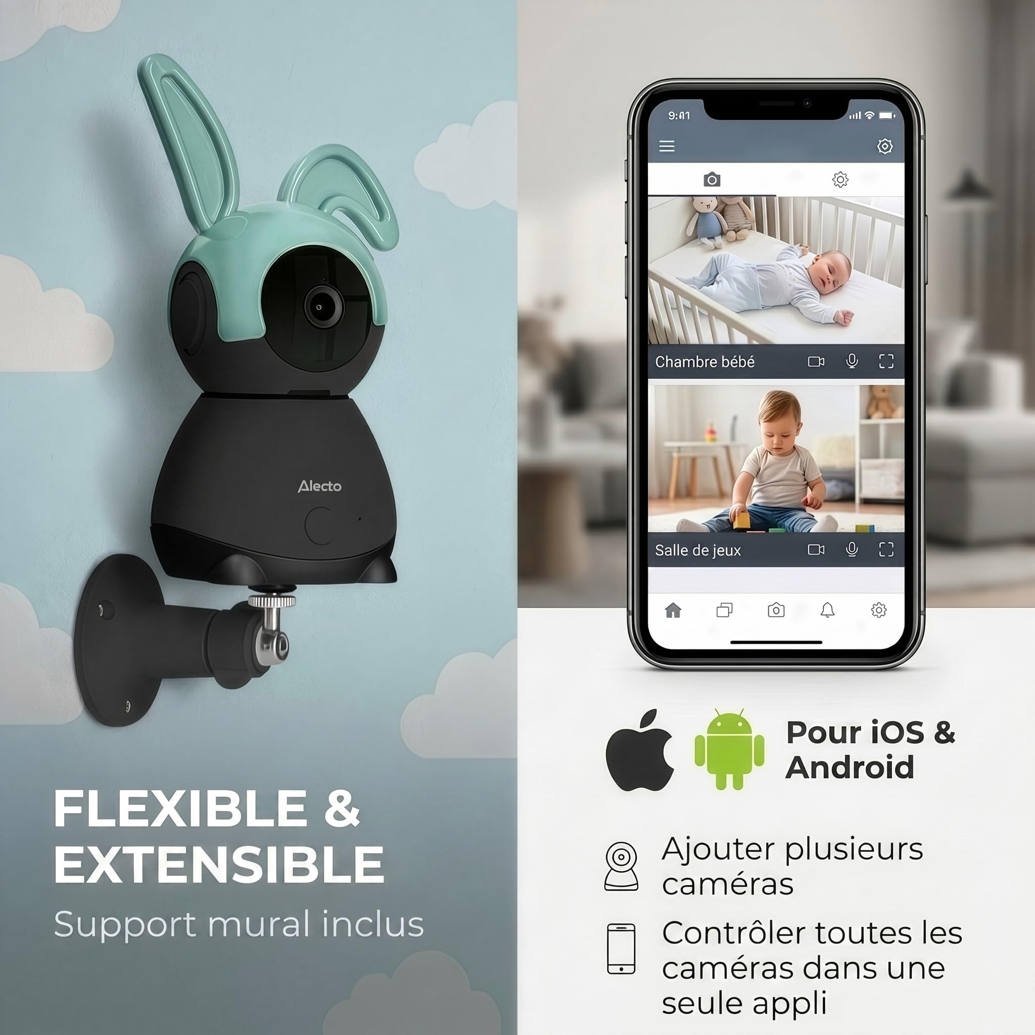 Alecto SMARTBABY10BK Babyphone Camera - Camera Bebe WiFi - Noir | Baby-phone - Baby Monitor - Vision Nocturne