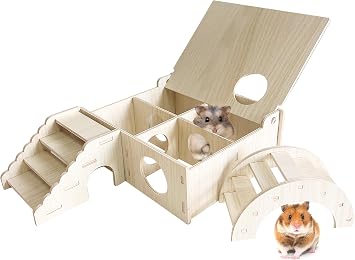Multi-Chamber Wooden Hamster Hideout & Tunnel with Secret Peep Shed