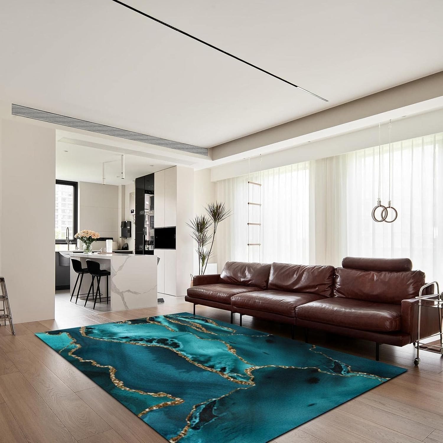 Turquoise Gold Edge Marble Area Rug, Abstract Marble Light Luxury Living Room Rugs, Indoor Non-Slip Kids Rugs, Machine Washable Breathable Durable Carpet for Front Entrance Floor Decor,2 x 6ft