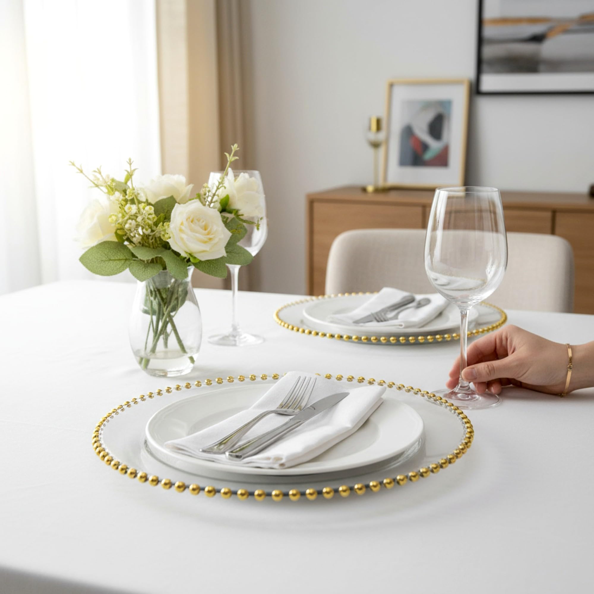 XL Teller, B-WARE, Unterteller aus Glas 32 cm mit Goldrand (1), 6x Glasteller Untersetzer mit Perlen, Extra Groß, Platzteller Dekoteller Servierteller für Hochzeiten, Taufe, Geburtstag, Weihnachten
