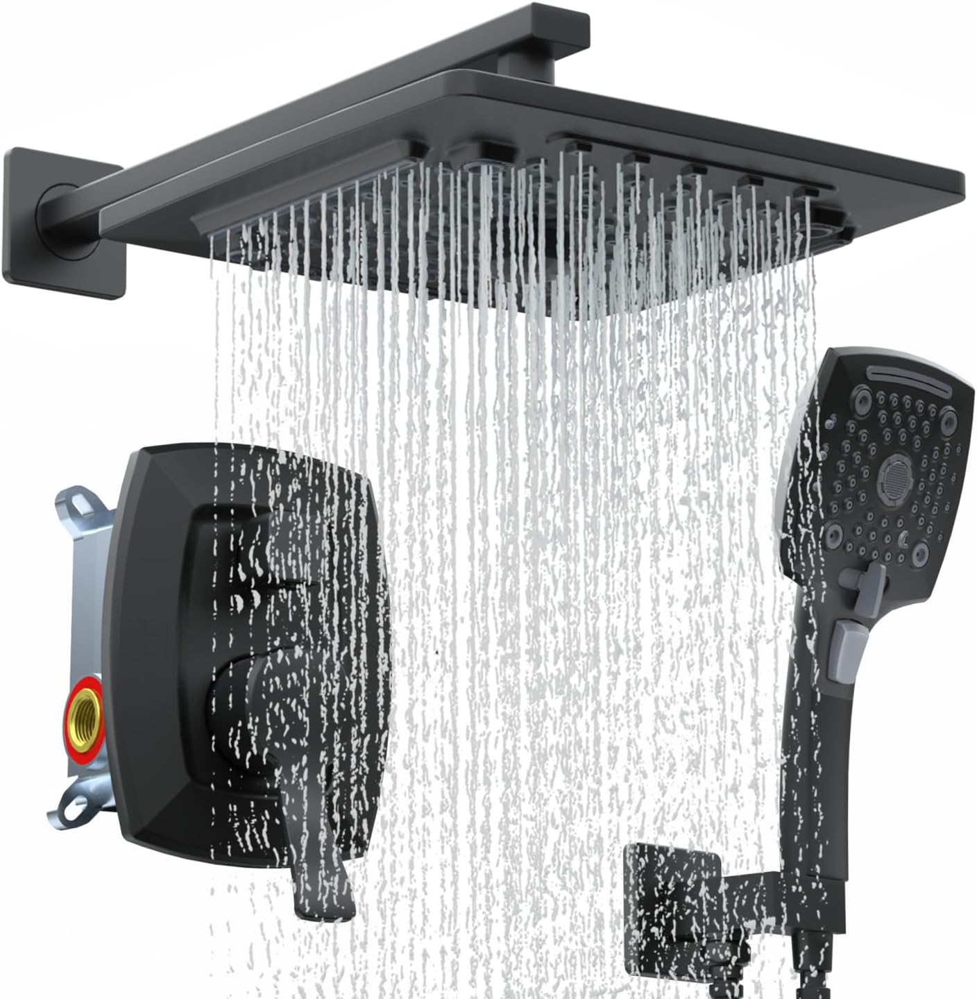 ELLO&ALLO Matte Black Bathroom Shower Faucet Set with Valve, Rainfall Shower Head with Handheld Combo