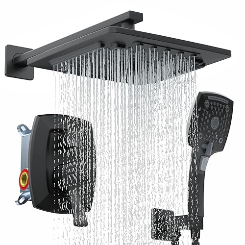ELLO&ALLO Matte Black Bathroom Shower Faucet Set with Valve, Rainfall