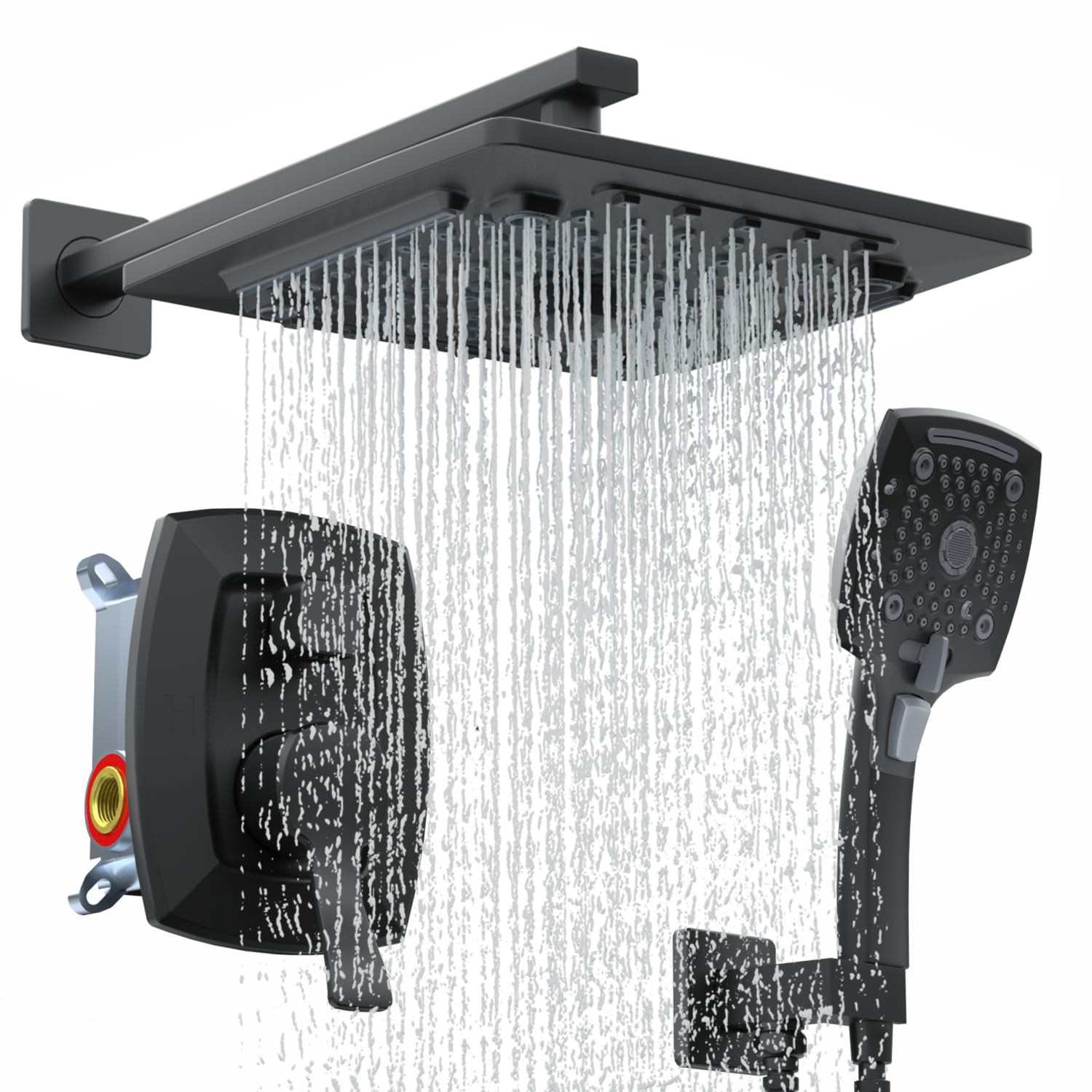 ELLO&ALLO Matte Black Bathroom Shower Faucet Set with Valve, Rainfall Shower Head with Handheld Combo
