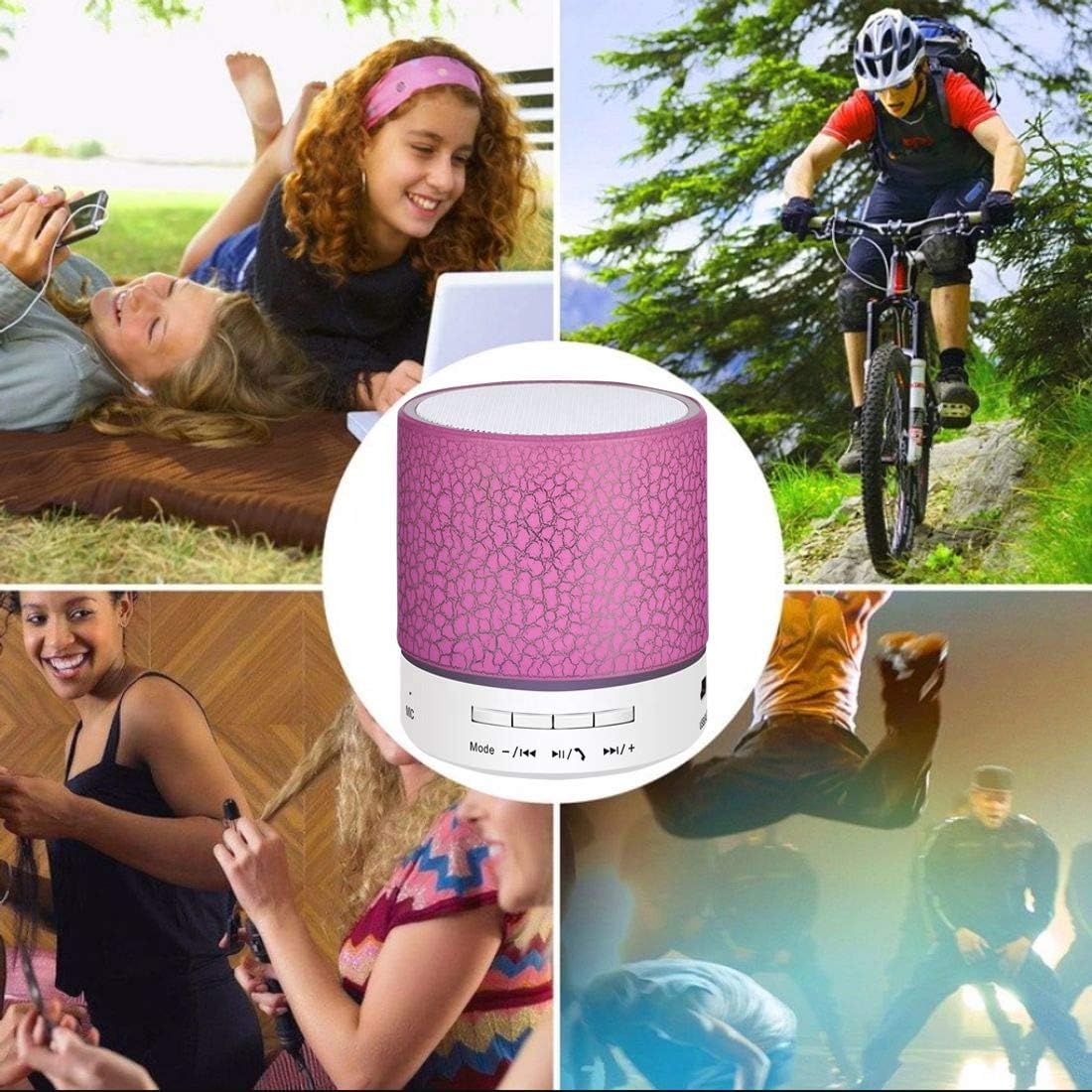 MCNNADI Portable Bluetooth LED Mini Speaker with Hands Free Calling, FM Radio, Microphone, Amplifier, Stereo Sound, MicroSD/TF, USB, 3.5mm Jack, Luminous Changing Lights, 5H Playtime (Pink)
