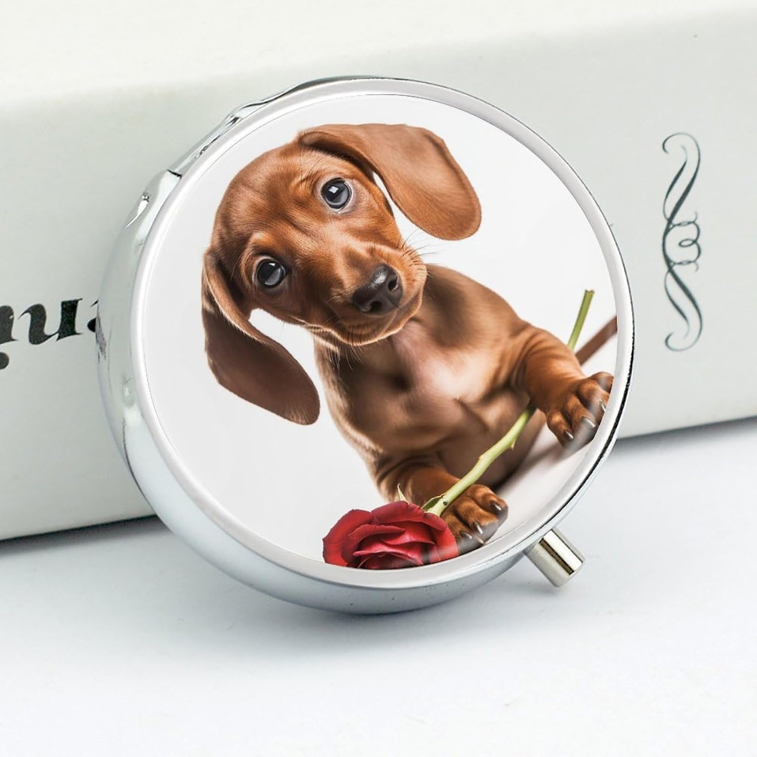 Round Daily Dog Holding Rose Pill Case with 3 Compartment & Mirror image 4