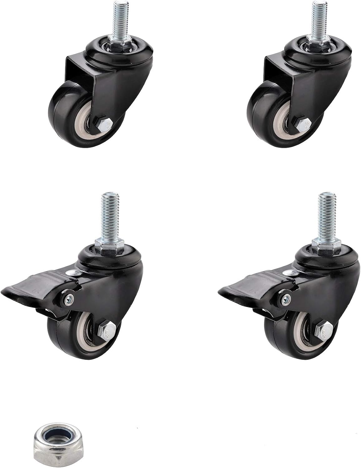 SungMi 4 Pack 1.5" Heavy Duty Caster Wheels Polyurethane PU Swivel Casters with 360 Degree Threaded Stem 310lb Total Capacity for Set of 4 Black (2 with Brakes & 2 without) Nuts Include SM-AMS-220006