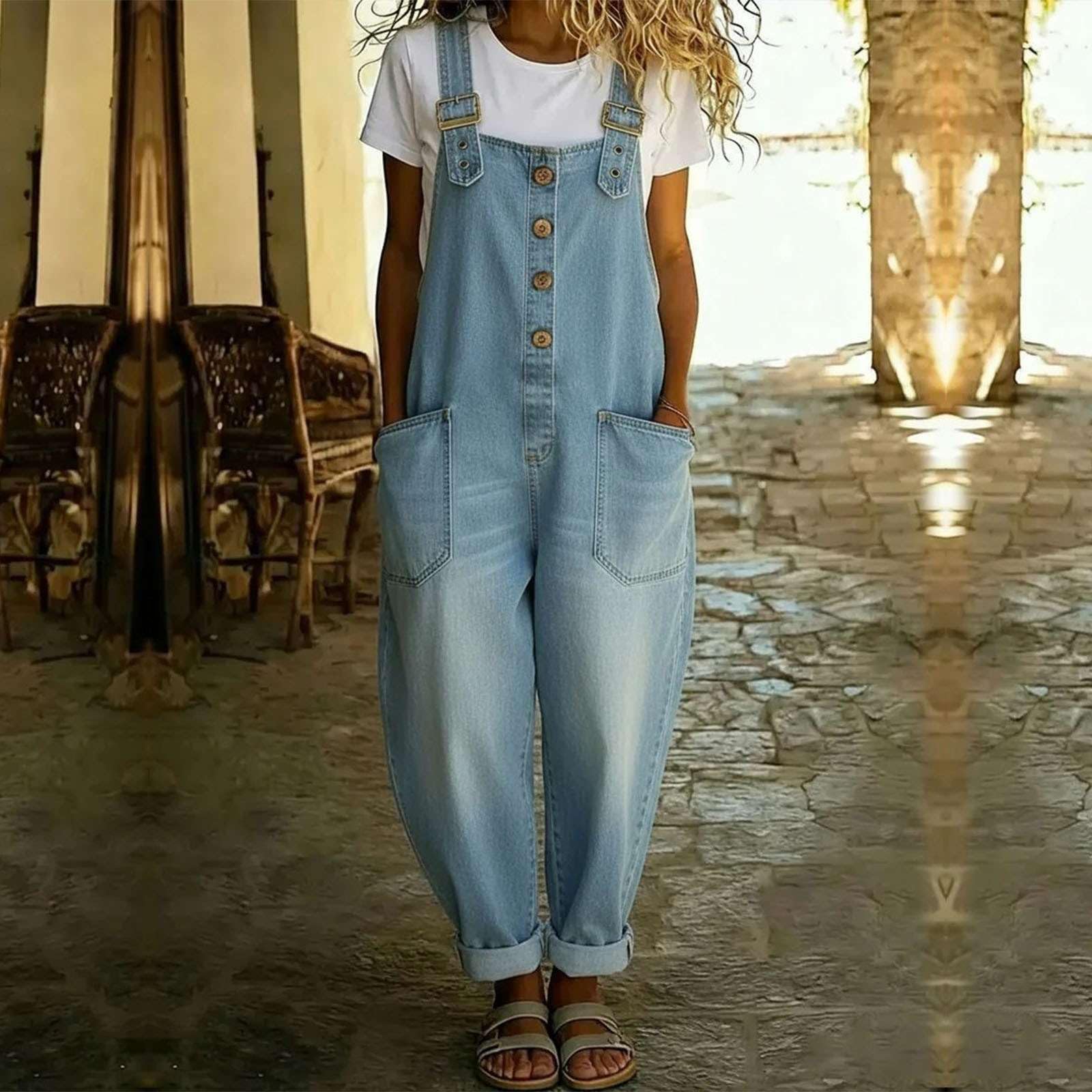 Genérico Mono Mujer Verano Bohemio Floral Petos Vaqueros Ajuste Holgado Pierna Ancha Overol Sin Mangas Elástico Peto Casual Playa Overoles Tallas Grandes Cómodas Con Bolsillos