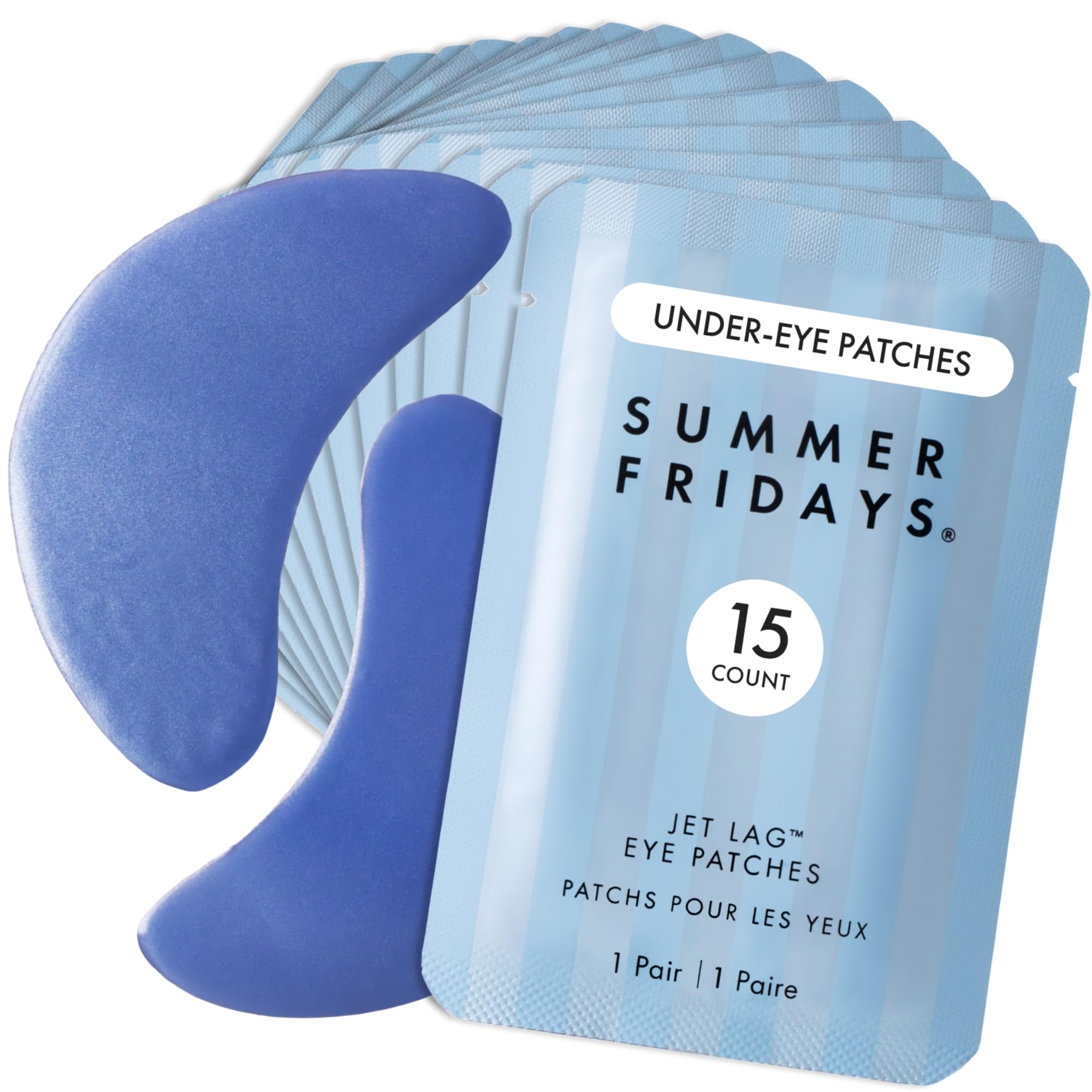 Jet Lag Hydrating Eye Patches - De-puffing Hydrogel Under Eye Masks with Hyaluronic Acid, Caffeine + Peptides - Soothing + Refreshing At-Home + Travel Skin Care (15 Pairs)