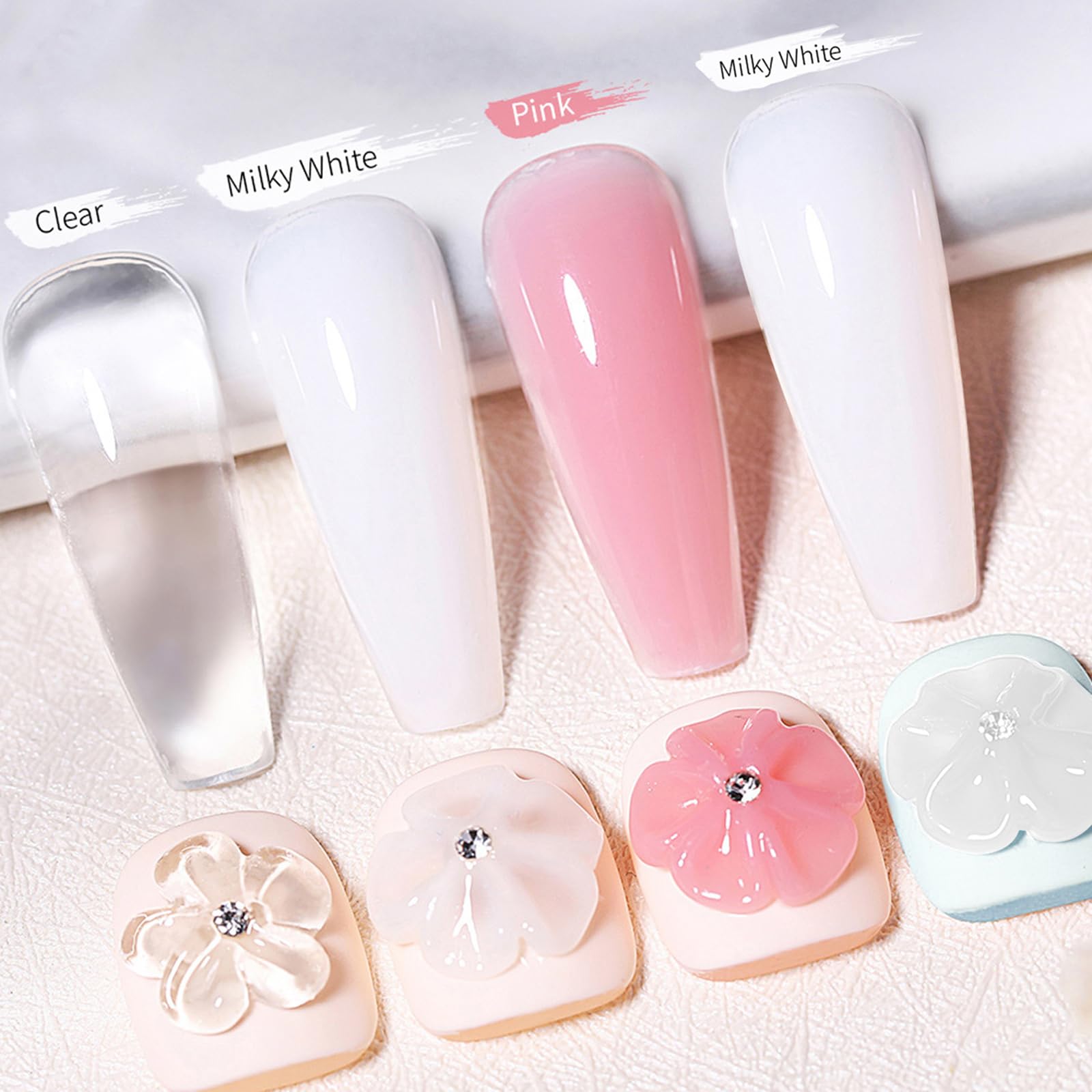 Gel costruttore Polygel for estensione unghie in gel - Rosa, bianco, trasparente con cartine rimovibili - Kit for nail art 3D for principianti