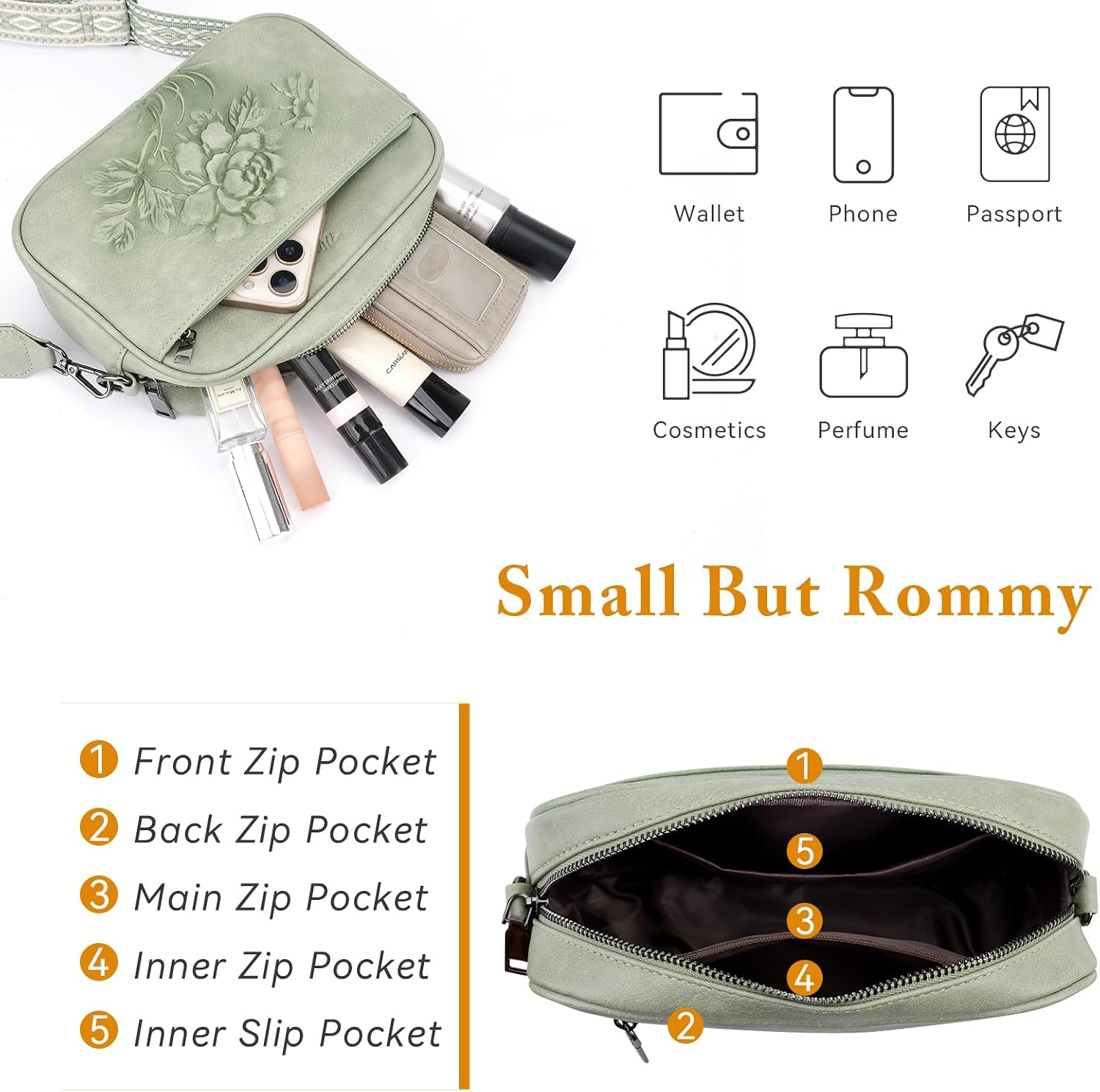 Small Crossbody Purses for Women, Trendy Vegan Leather Crossbody Bag Embossed Travel Shoulder Handbags with Wide Strap