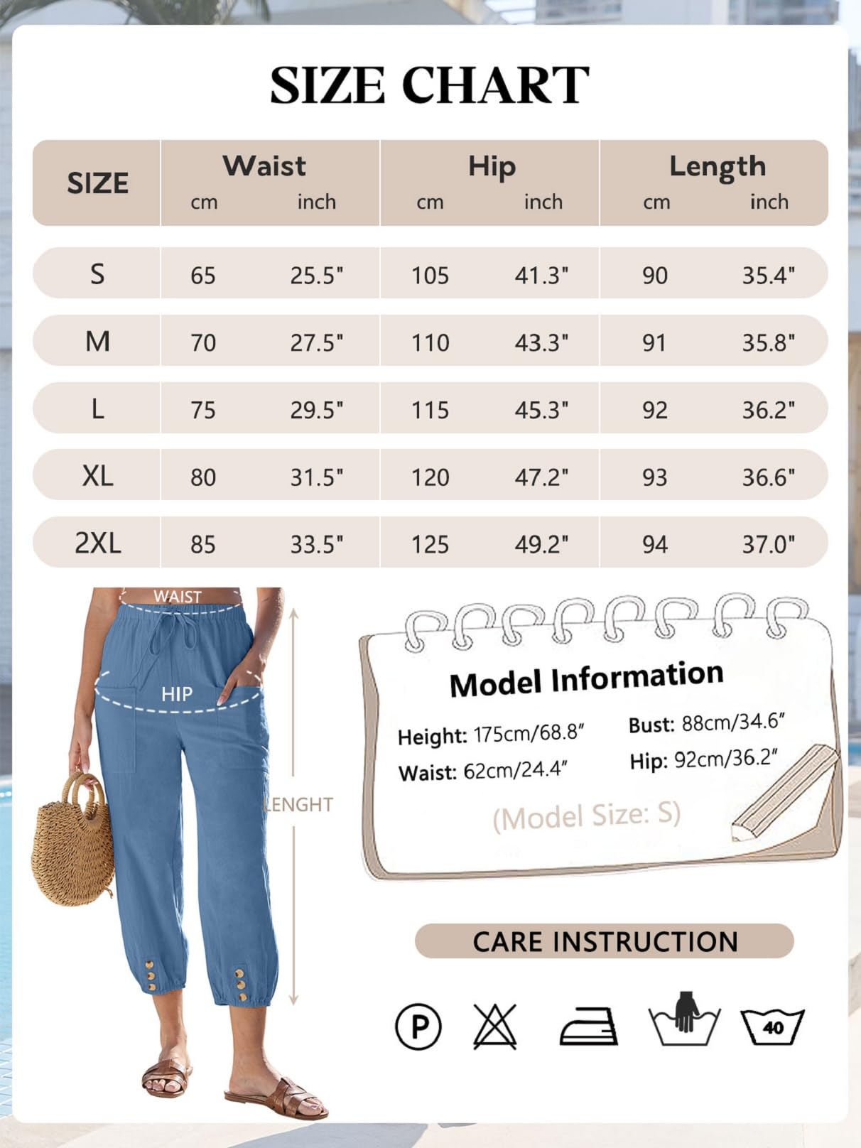 Pantalon 7/8 Femme Été Pantalon Coton et Lin Taille Elastique Large Pantalons Fluide Décontracté Taille Haute Léger Respirant Pantalons de Plage Ample Pants Cordon Large à Jambes avec Poches
