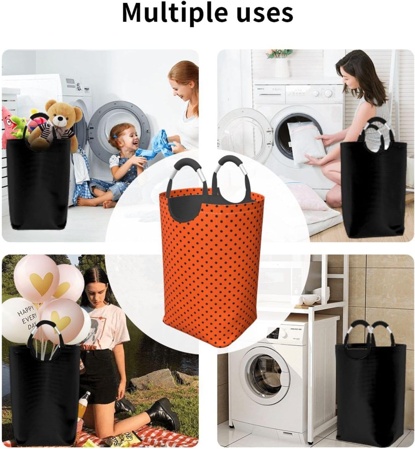 Large Laundry Basket, Orange and Black Dots Laundry Hamper Bag Collapsible Washing Bin With Handles for College Dorm, Family Essentials Storage
