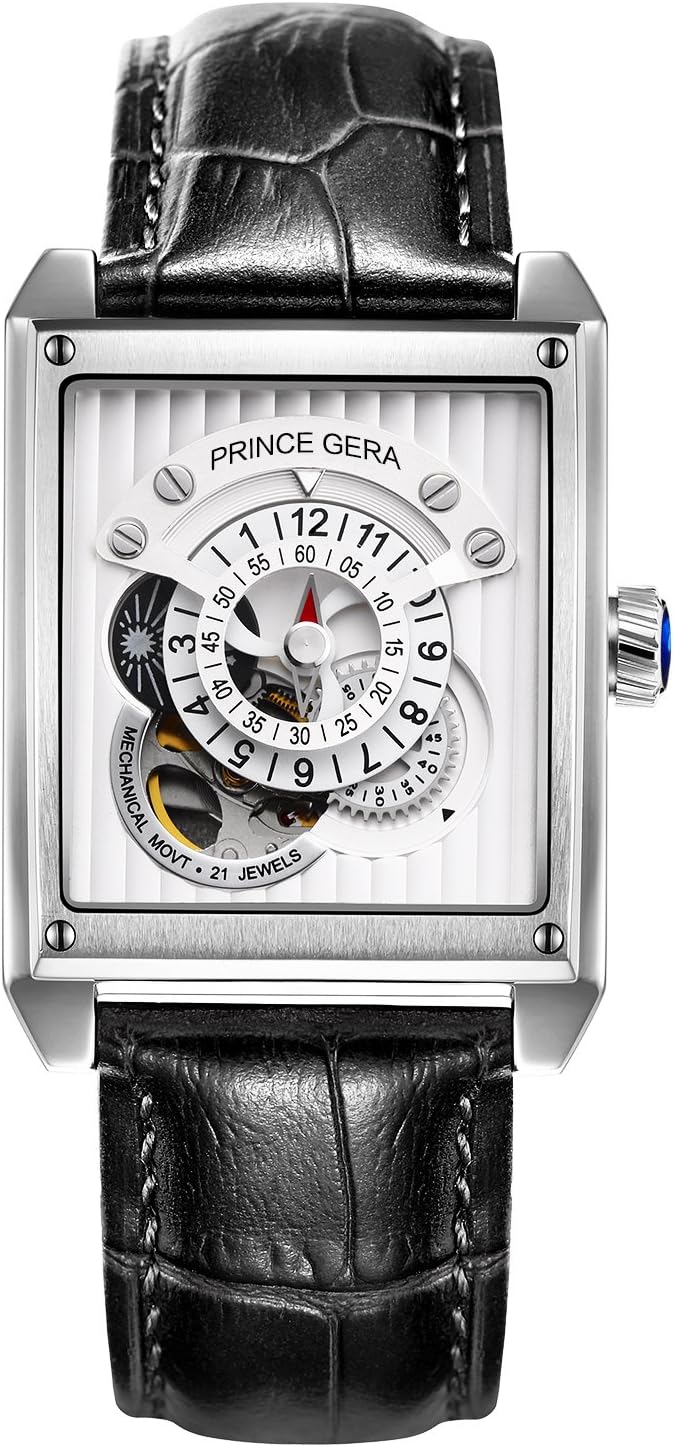 Rectangle Silver Men's Automatic Watches Waterproof Skeleton Mechanical Watch