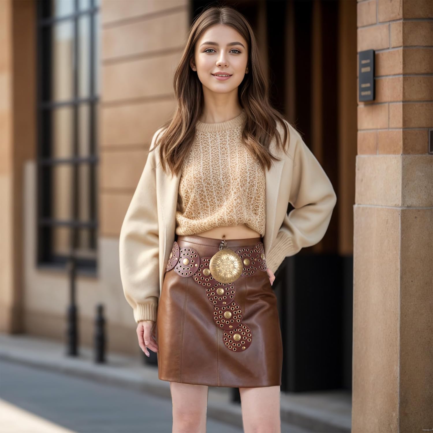 Wide Disc Belt for Women Cowboy Vintage Western Concho Leather Waist Belts Boho Disk Y2k Belt for Skirts Pants Dress - Image 6