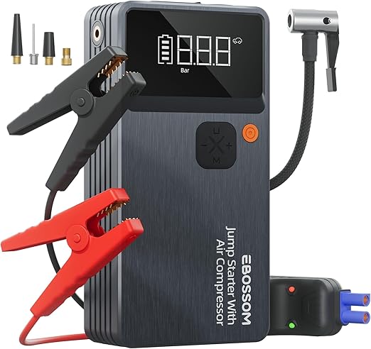 Booster Avviamento Auto,Avviatore per veicolo con Compressore Aria Portatile,44.4Wh Avviatore Batteria Macchina,Jump Starter con LED Torcia,Ricarica USB-C,7in1 Kit di Viaggio e Attrezzi di Emergenza
